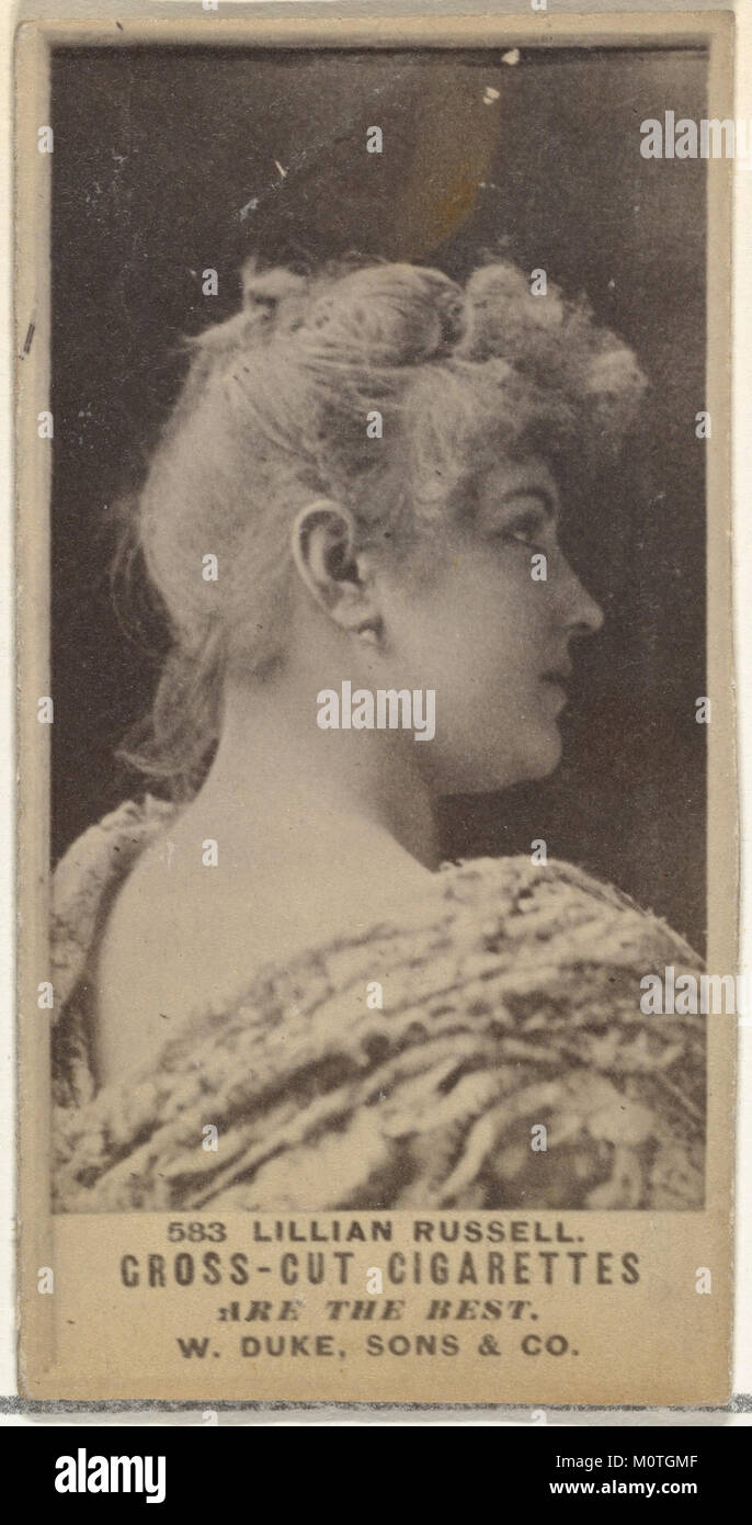 Die Kartennummer 583 aus der Serie *Actors and Actors* zeigt Lillian Russell, eine berühmte amerikanische Sängerin und Schauspielerin, die Cross Cut Zigaretten in einer Vintage-Sammelkarte wirbt. Stockfoto