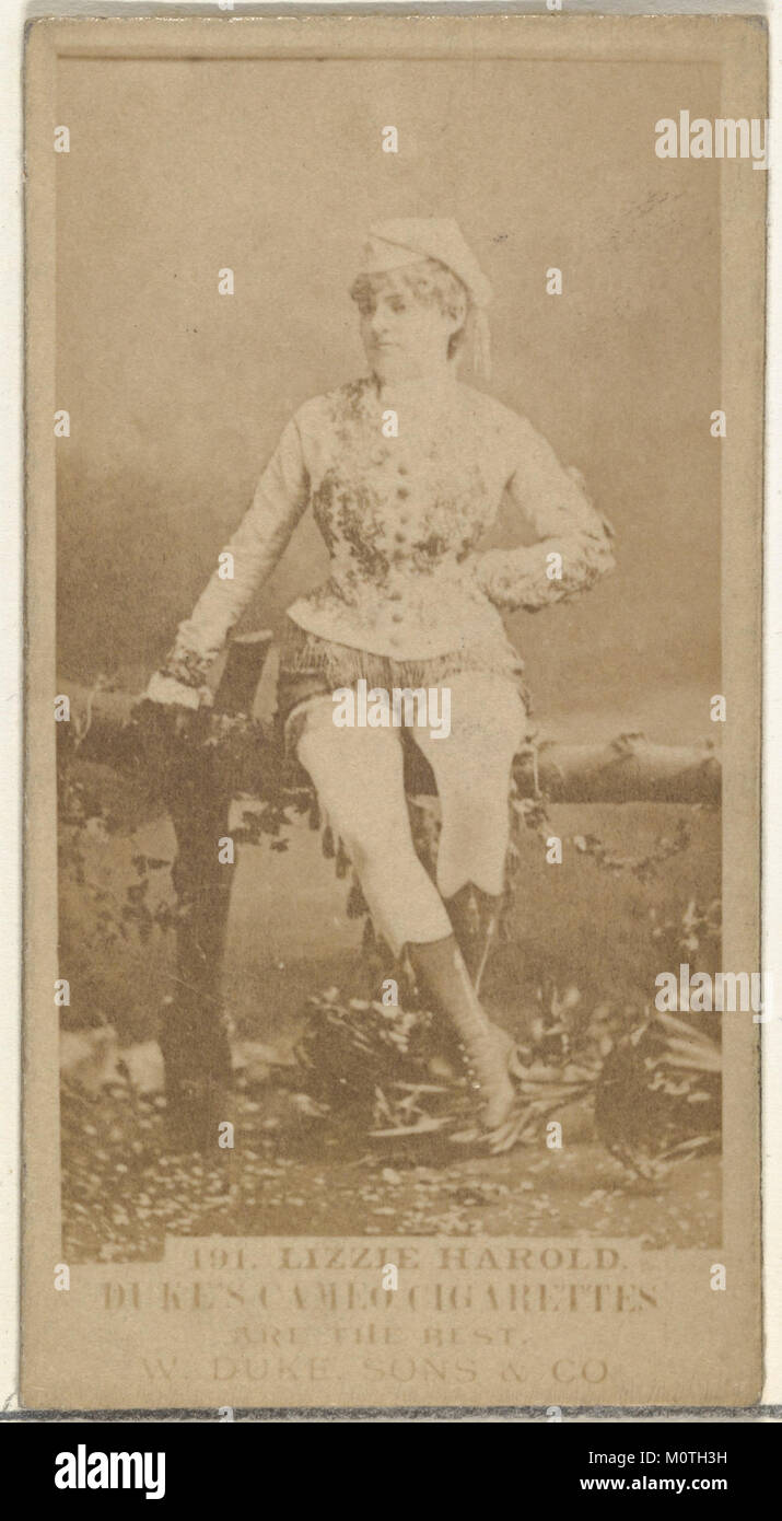 Karte Nummer 191 zeigt Lizzie Harold, eine bemerkenswerte Figur aus der Serie „Actors and Actresses“ (N145-5), die von Duke Sons & Co. Im Rahmen einer Werbekampagne für Cameo-Zigaretten herausgegeben wurde. Stockfoto