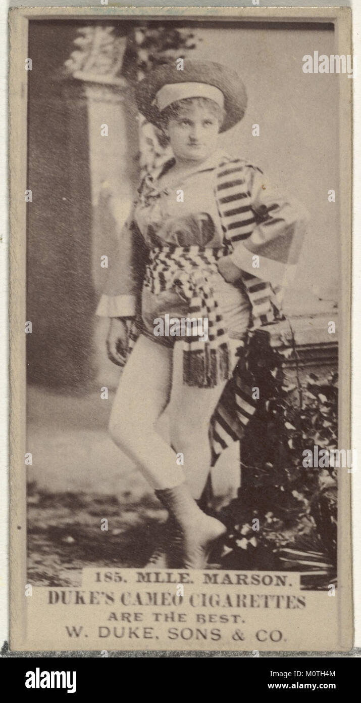 Kartennummer 185 enthält Mlle. Marson aus der Serie „Actors and Actresses“ (N145-5), die in den 1880er Jahren von W. Duke, Sons & Co. Herausgegeben wurde, um Cameo Cigarettes zu fördern. Bei der Karte handelt es sich um ein Albumfoto von 11/16 x 3/8 cm. Stockfoto