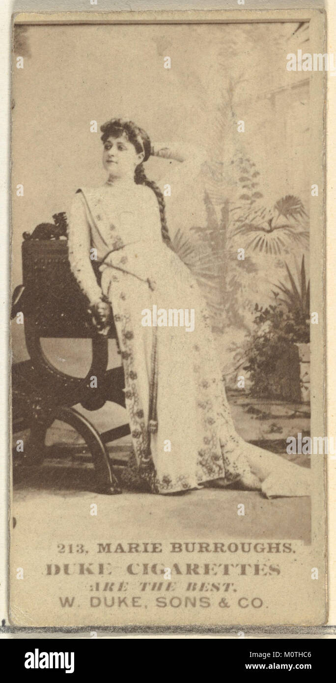Diese Karte, Teil der Schauspielerserie N145-7, die von Duke Sons & Co. Herausgegeben wurde, zeigt Marie Burroughs. Es wurde veröffentlicht, um Duke Cigarettes zu bewerben und das Bild der actressâ in einem Vintage-Sammlerformat festzuhalten. Stockfoto