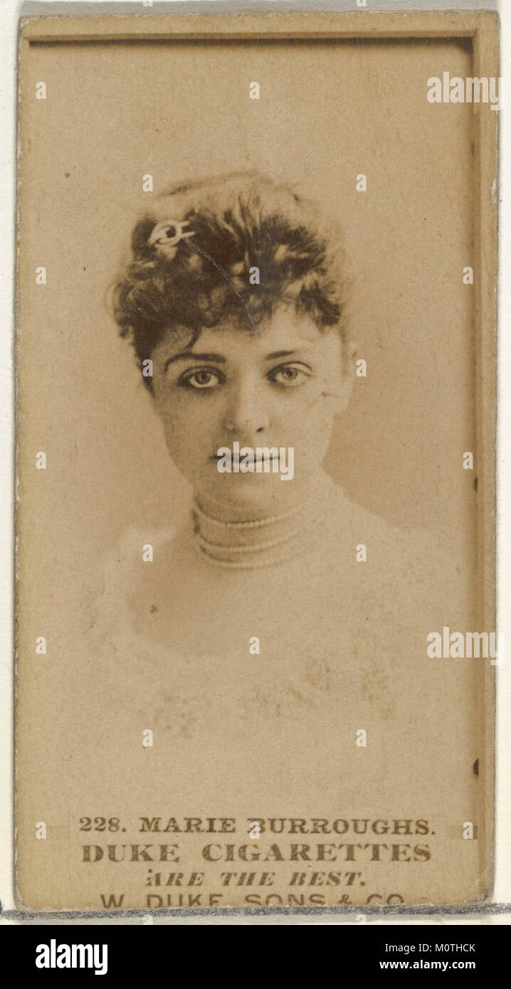 Diese Karte mit Marie Burroughs ist Teil der Serie „Schauspieler und Schauspielerinnen“ von Duke Sons & Co., die zur Förderung von Duke Zigaretten entwickelt wurde. Die Karte spiegelt die Werbekultur des frühen 20. Jahrhunderts wider. Stockfoto