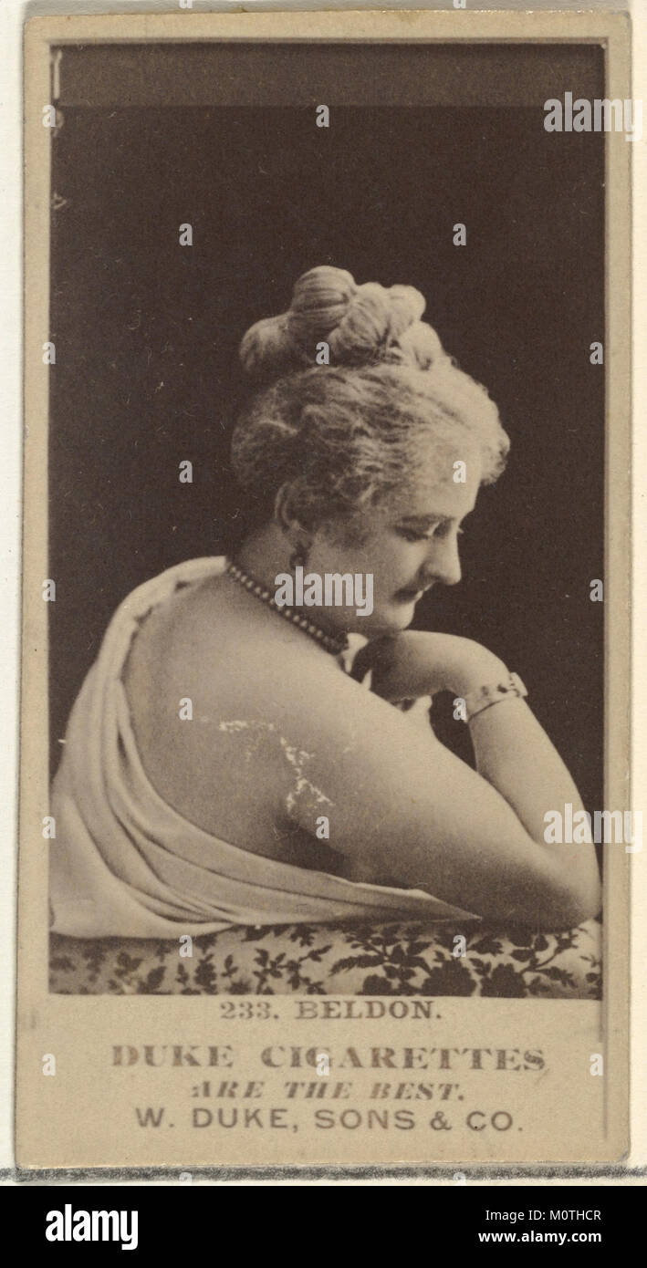 Diese Sammlerkarte zeigt Miss Beldon aus der Serie „Actors and Actors“, die von Duke Sons & Co. Herausgegeben wurde, um ihre Duke Zigaretten im frühen 20. Jahrhundert zu bewerben. Es zeigt eine prominente Schauspielerin der Zeit. Stockfoto