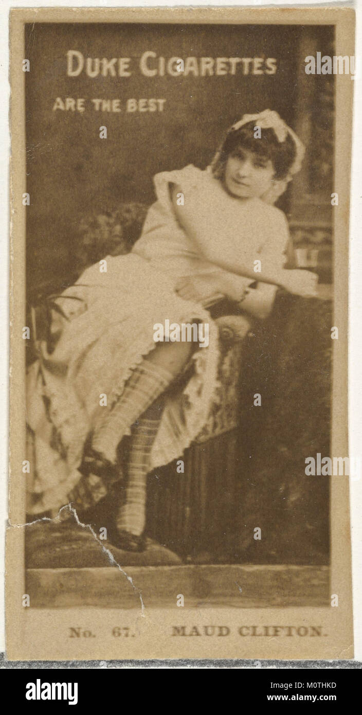 Die Kartennummer 67 aus der Actors and Actress Serie (N145-6) zeigt Maud Clifton. Diese Sammlerkarte wurde von Duke Sons & Co. Als Werbeartikel für Duke Zigaretten ausgegeben und spiegelt die Werbung und die Kultur der Prominenten des frühen 20. Jahrhunderts wider. Stockfoto