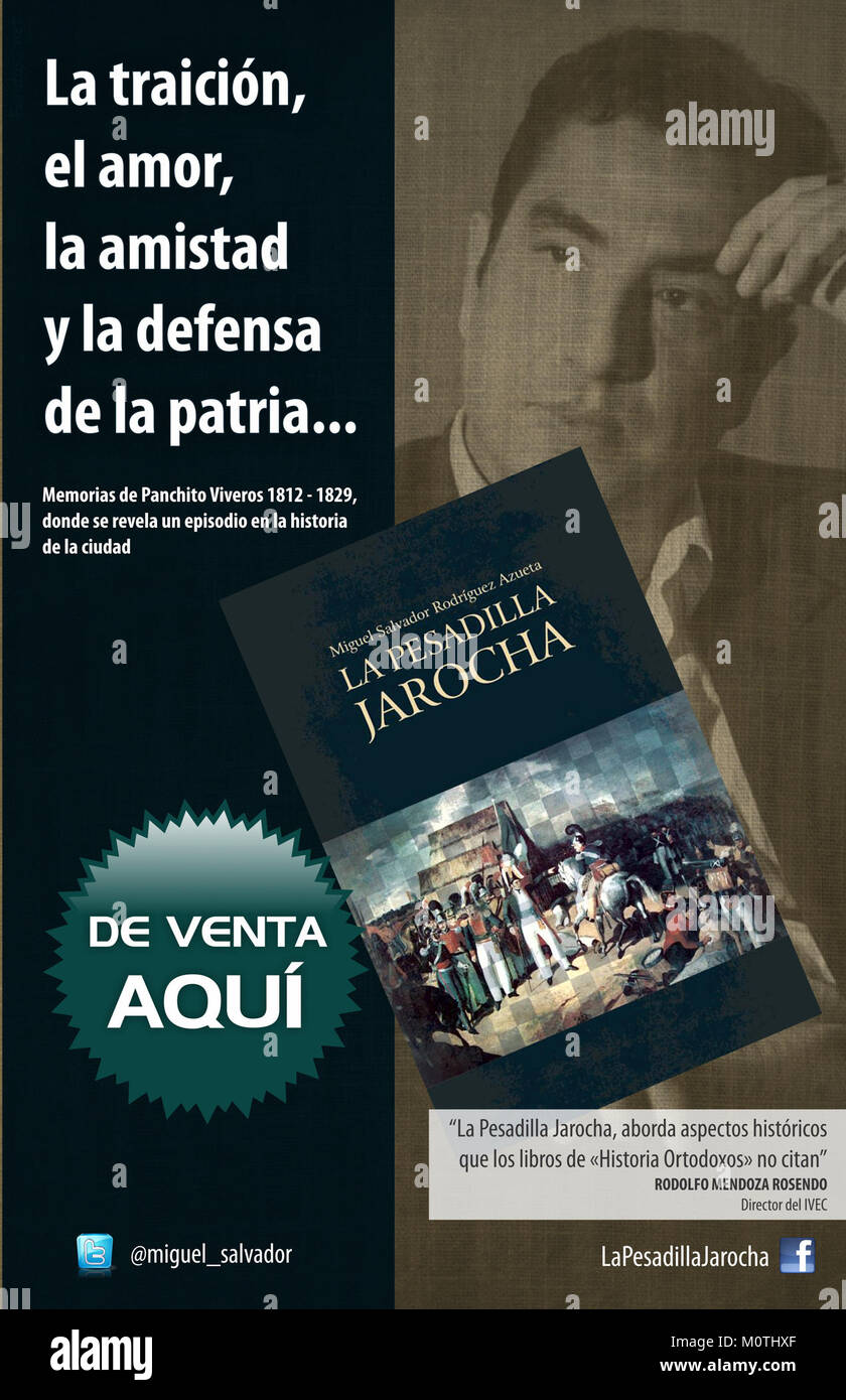 Ein Werbeplakat für das Buch „Pesadilla Jarocha“, das das Cover zeigt und für seine Veröffentlichung in Mexiko wirbt. Stockfoto