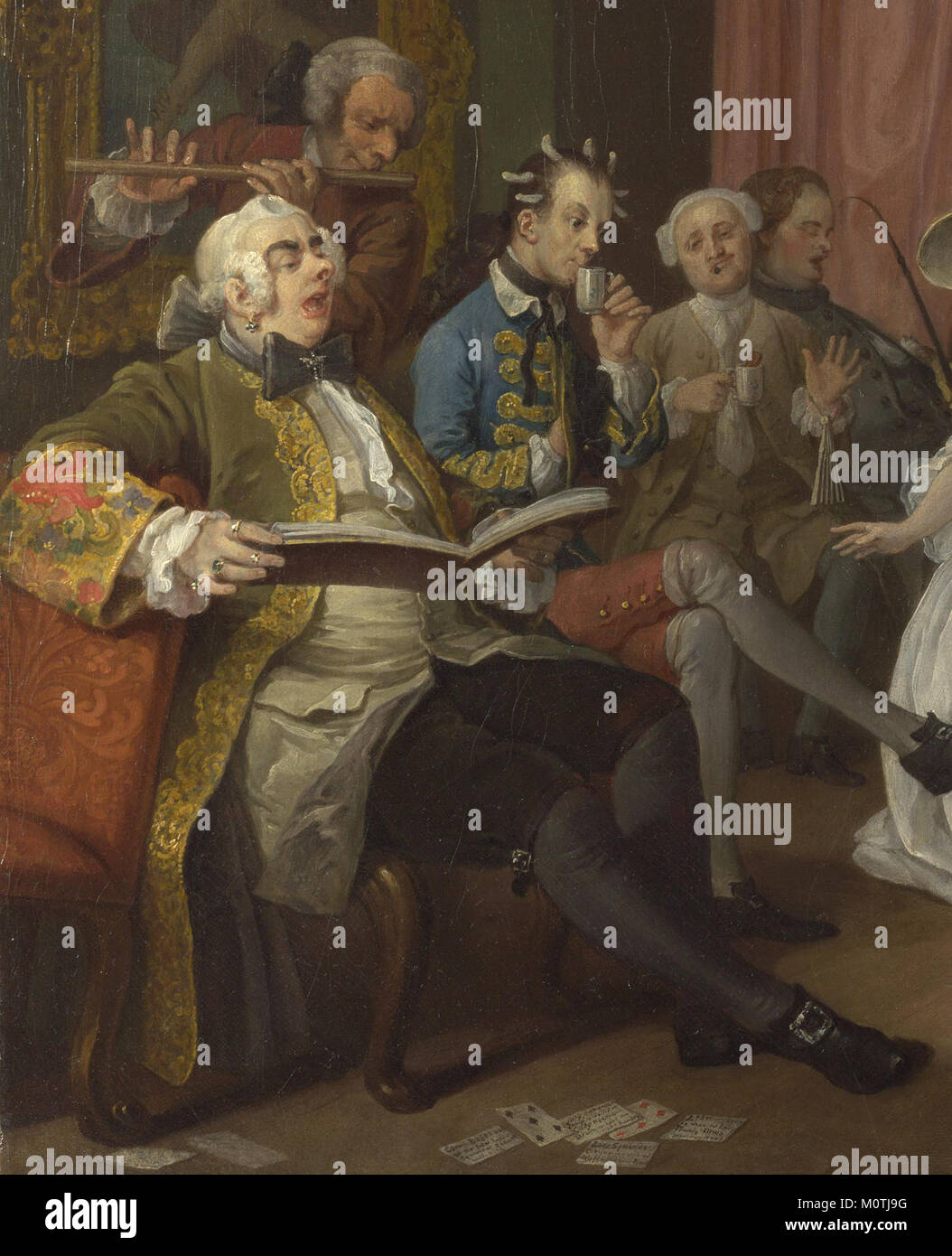 „The Toilette“, ein Teil von William Hogarths „Marriage A-la-Mode“-Serie, reflektiert soziale Kommentare über die englische Gesellschaft des 18. Jahrhunderts. Der Gravur kritisiert humorvoll Ehegebräuche und gesellschaftliche Normen durch satirische Kunst. Stockfoto