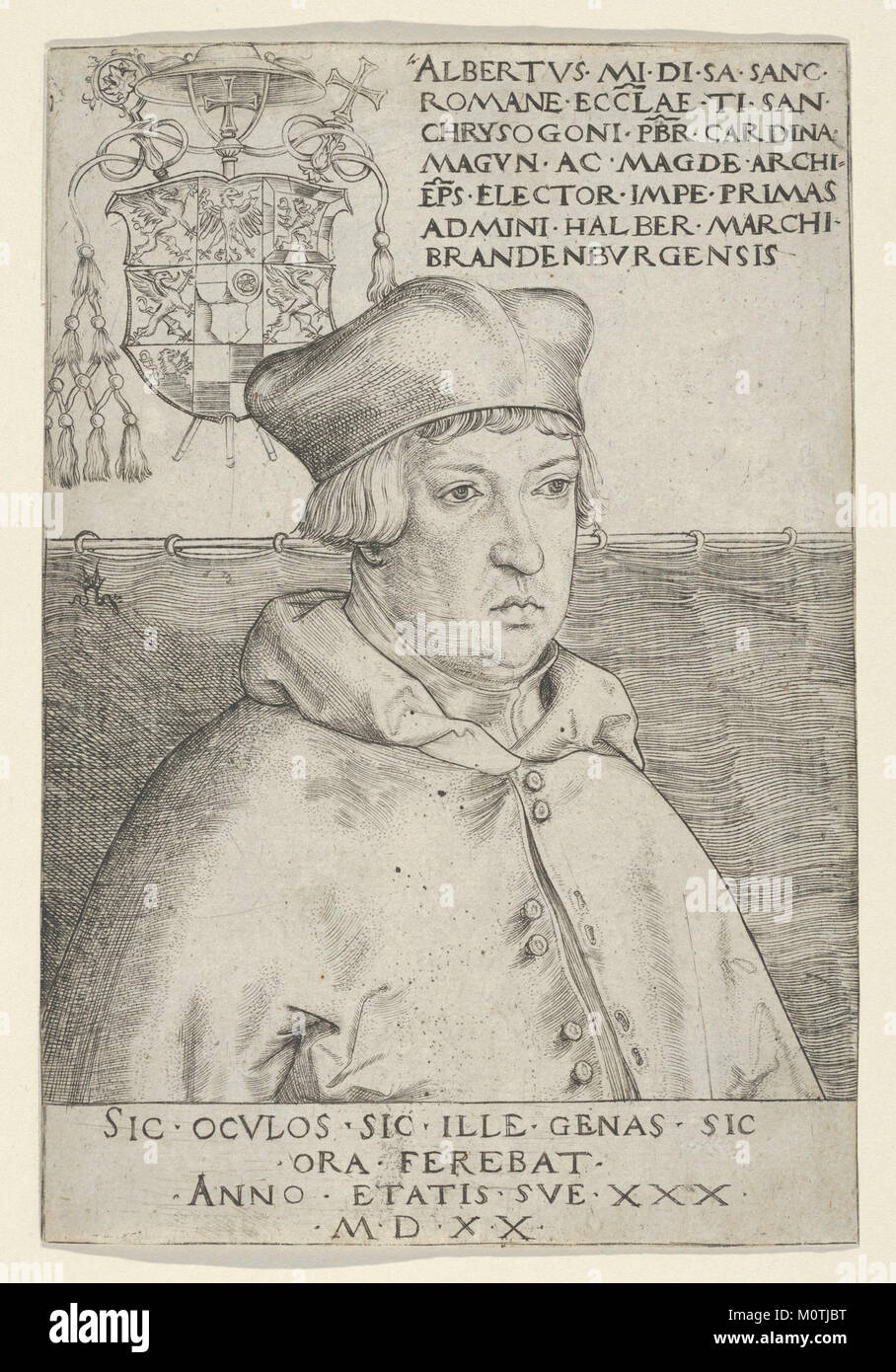 Kardinal Albrecht von Brandenburg, dargestellt in einem Porträt des Metropolitan Museum of Art, ist eine Schlüsselfigur der Religionsgeschichte des frühen 16. Jahrhunderts. Sein Bild spiegelt seine Macht und seinen Einfluss in der Kirche wider. Stockfoto