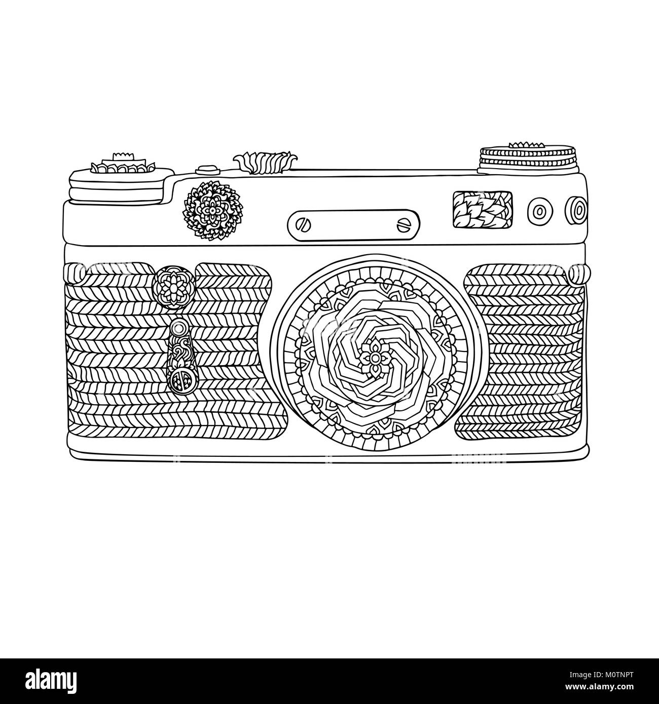 Vintage Retro Foto Kamera mit Blättern Muster auf weißem Hintergrund. Mandala Design. Nach Malbuch. Boho style Vector Illustration. Stock Vektor