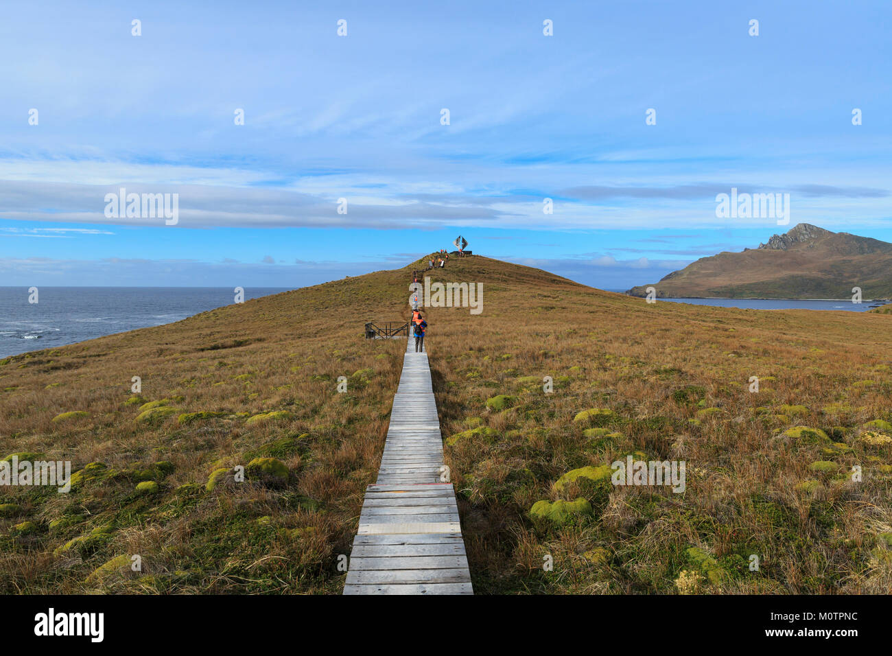 Touristische wanderung heraus zu Albatros Gedenkstätte auf Kap Hoorn, Feuerland, Chile Stockfoto