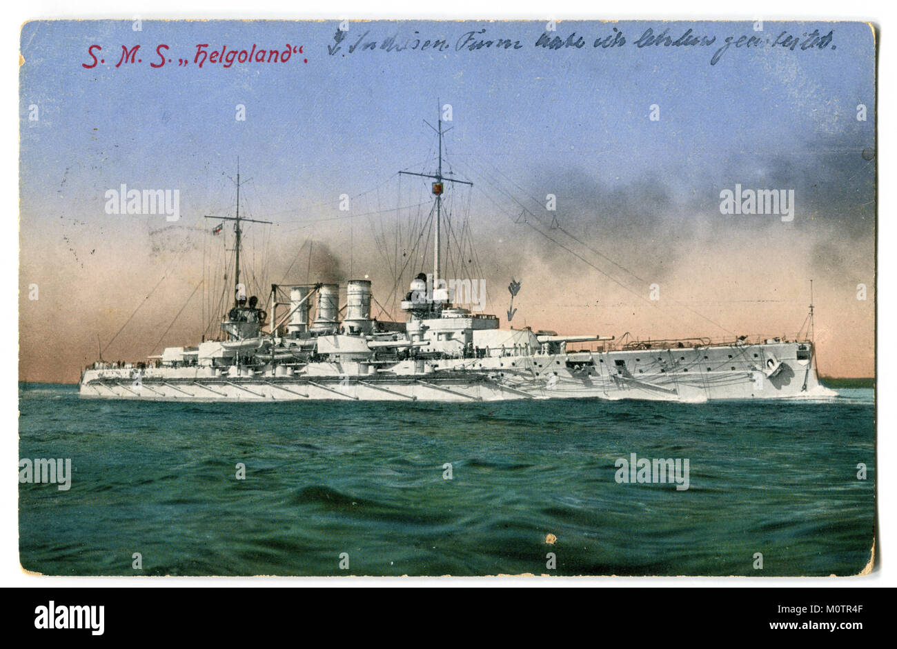 Der alte deutsche Postkarte MS Helgoland' 1909, deutsche Schlachtschiff der Helgoland Typ, erster Weltkrieg 1914-1918, die Marine des Deutschen Reiches Stockfoto