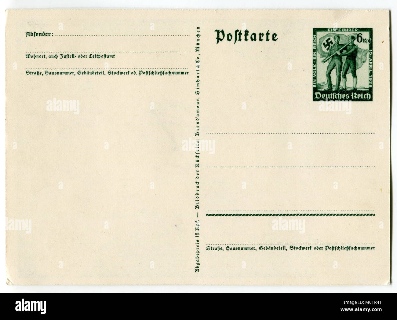 Rückseite des Alten Deutschen Weltkrieg zwei Postkarte (M0 TR4R) eine leere Karte mit gedruckten Stempel "Deutschland und Österreich unter einer Flagge" 6 reichspfennig 1938, ww2 Stockfoto