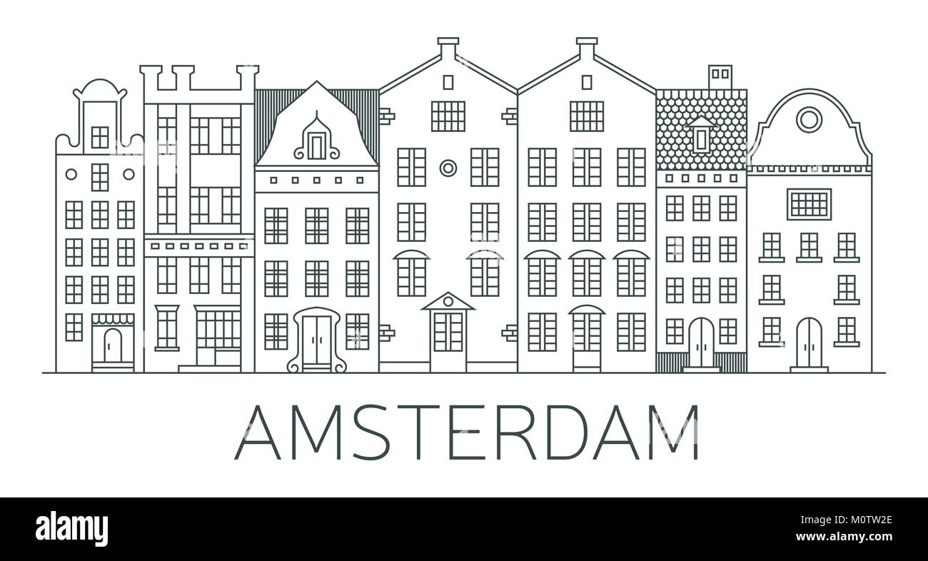 Banner der Stadt Amsterdam in flache Linie Stil. Amsterdam line Art. Europäische Altstadt. Niederländische Stadt Landschaft. Flaches Design Stil. Stock Vektor