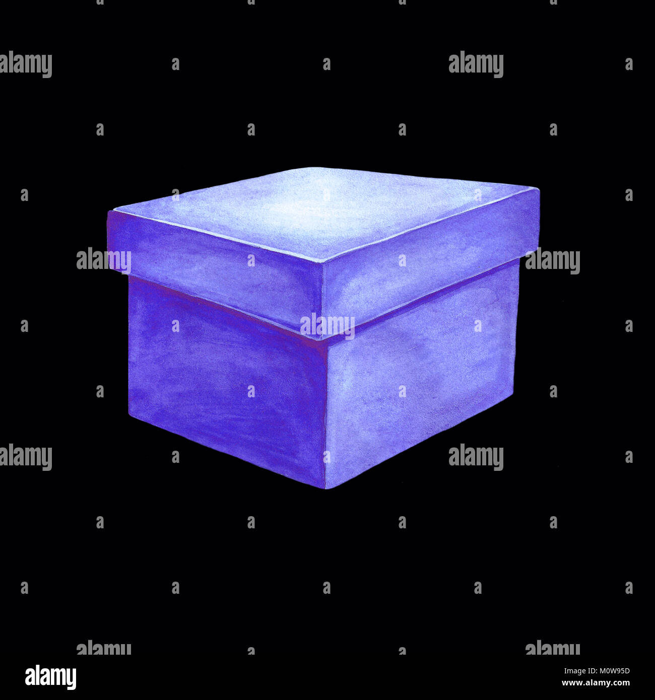 Aquarell Bild von einem blauen Karton. Isolierte Darstellung eines rechteckigen Paket. Handgefertigte Zeichnung auf einem schwarzen Hintergrund. Handbemalte Geschenk bo Stockfoto