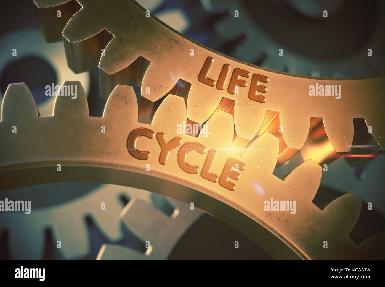 Life Cycle Konzept. Golden Zahnräder. 3D-Darstellung. Stockfoto