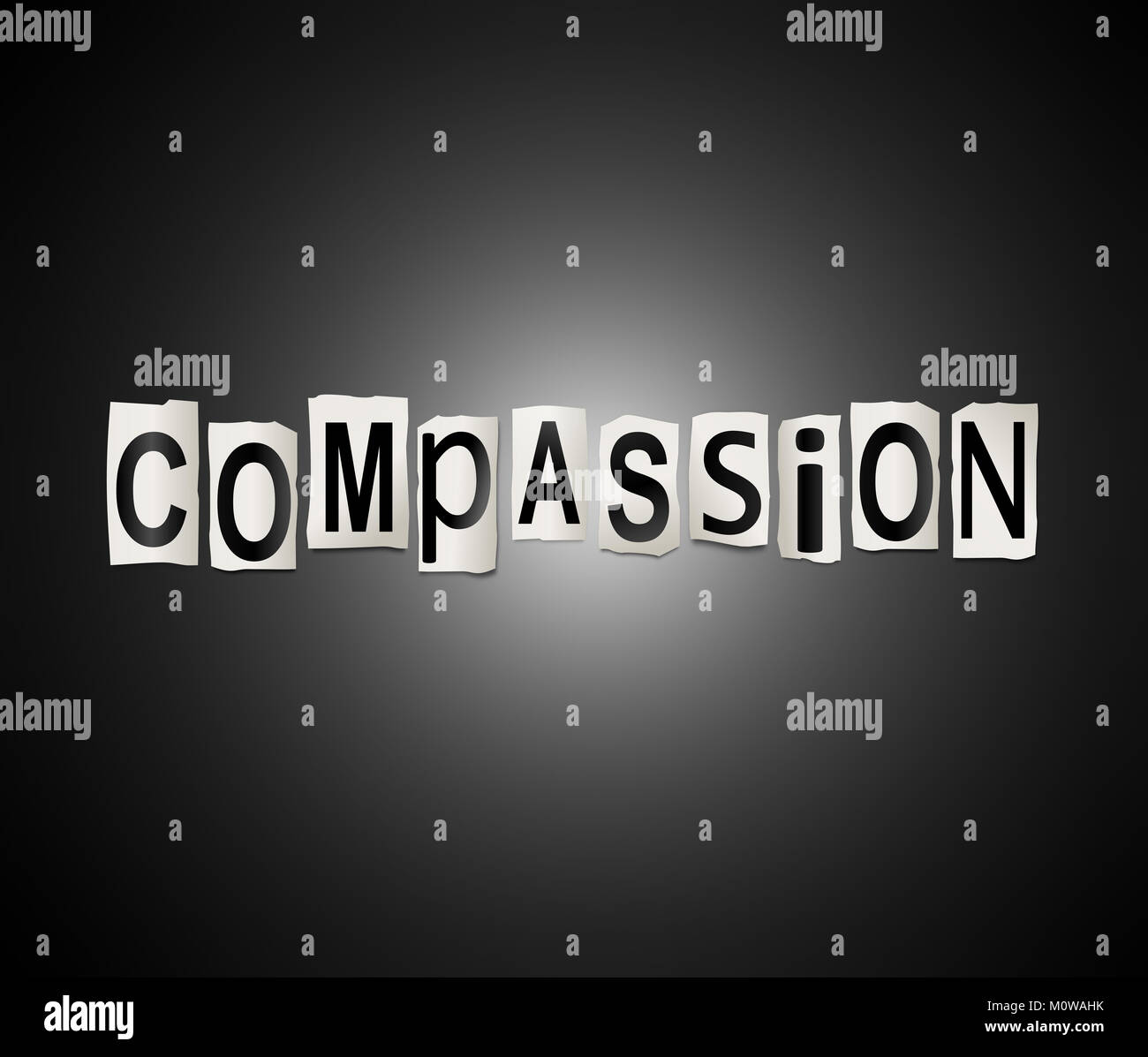 3D-Darstellung zeigt eine Reihe von ausgedruckt Buchstaben angeordnet das Wort Mitgefühl zu bilden. Stockfoto