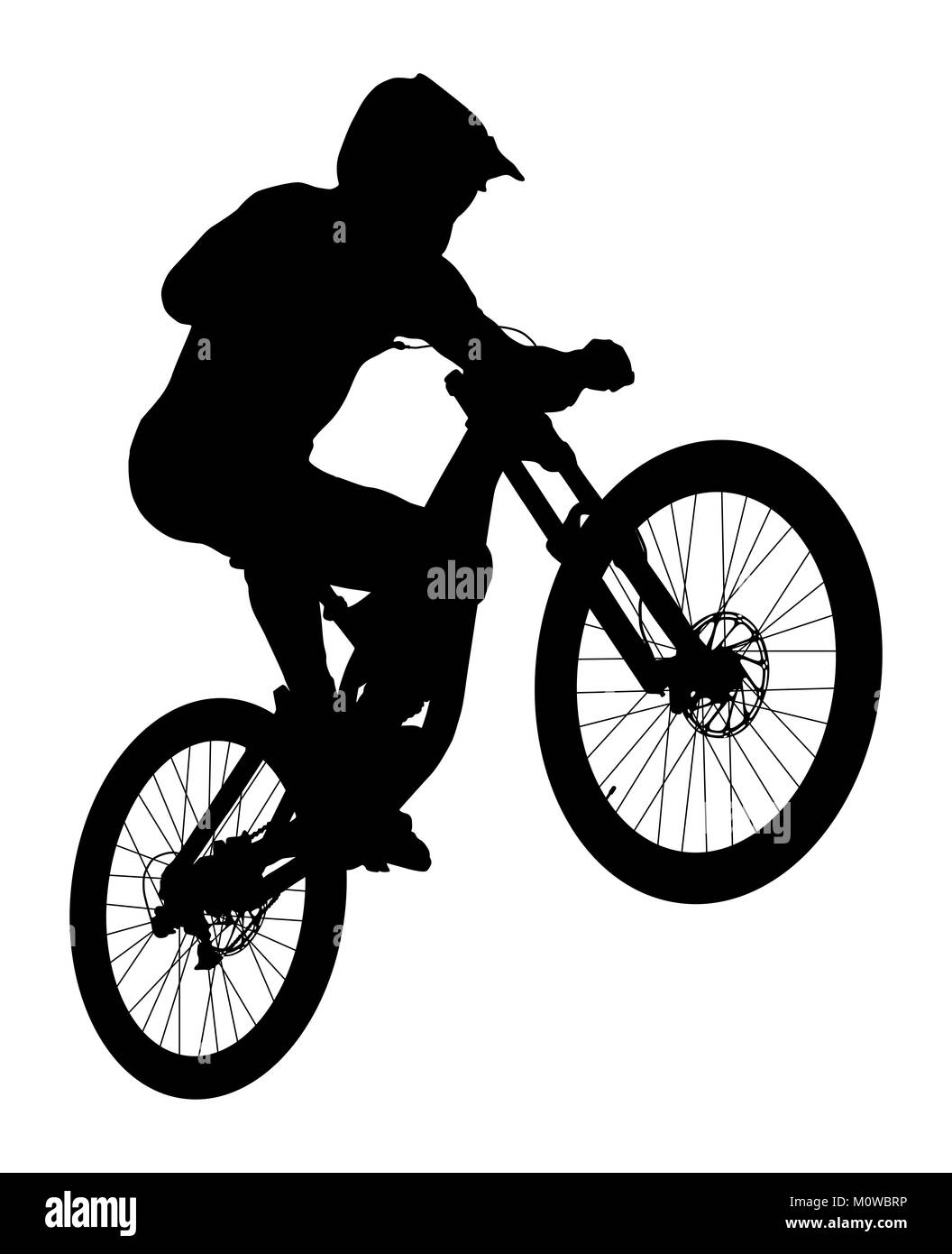 Springen Athlet rider MTB Downhill schwarze Silhouette Stockfoto