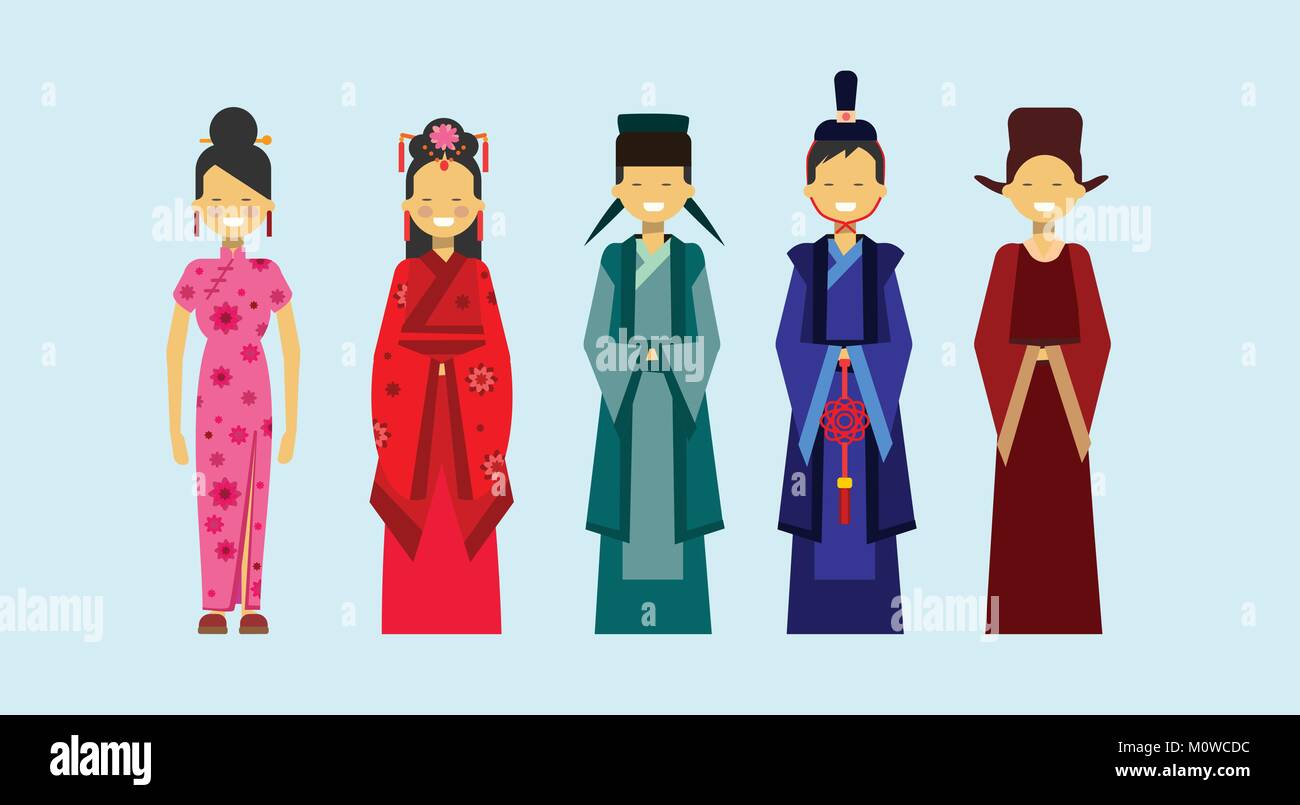 Satz von asiatischen Kostümen, ethnischen Menschen in traditioneller Kleidung Konzept Stock Vektor
