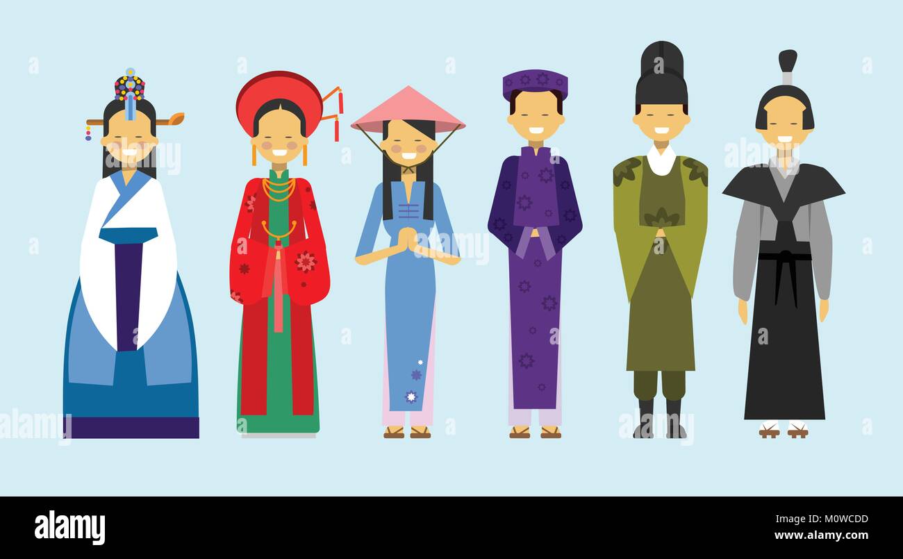Satz von Menschen in der traditionellen asiatischen Kleidung, Trachten Konzept Stock Vektor