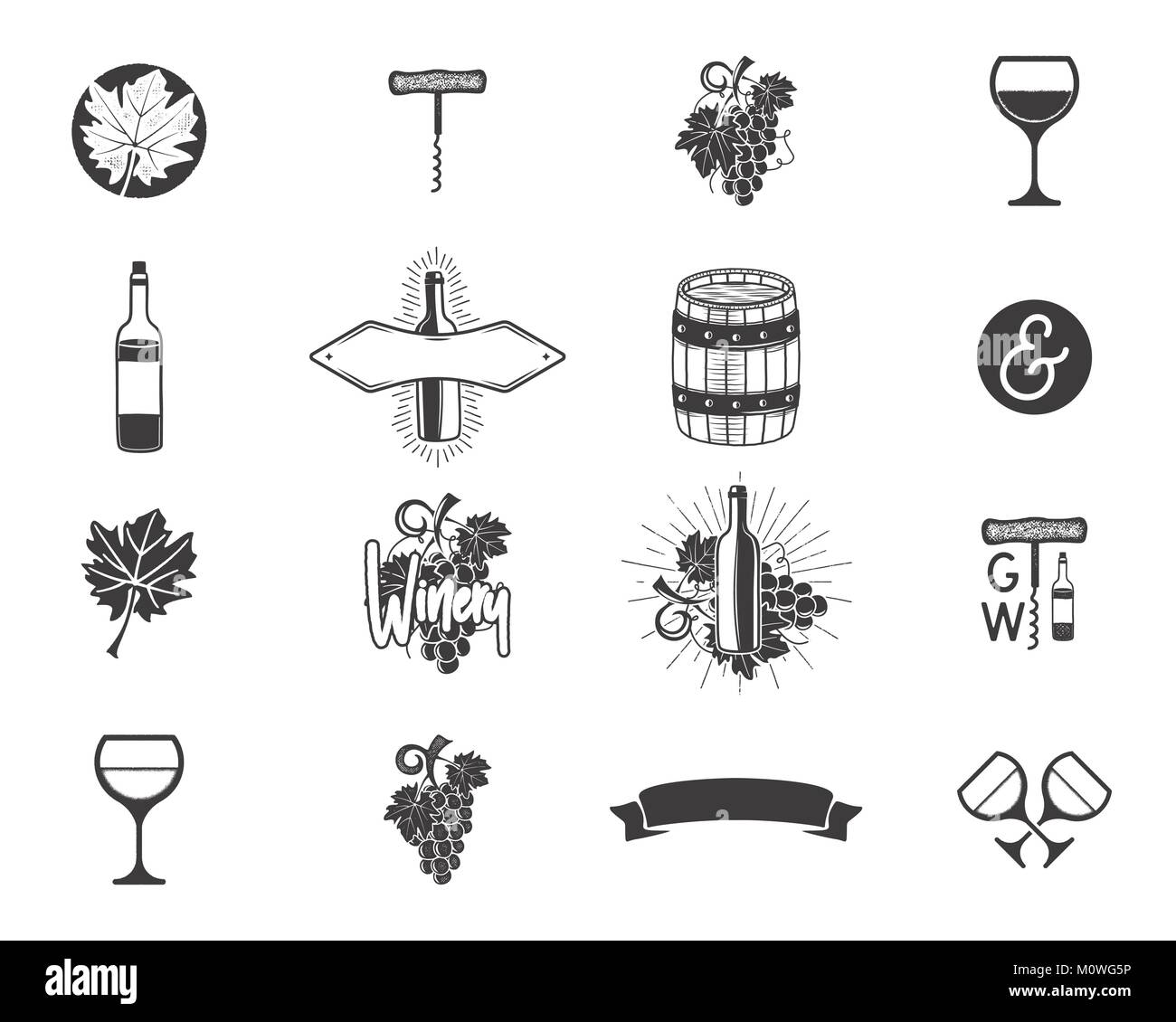 Die weinproduktion Symbole gesetzt. Weingut, Wein Shop, Wein Abzeichen Sammlung. Retro trinken Symbole. Monochrom design Illustrationen. Vektor Embleme und Piktogramme auf weißem Hintergrund Stock Vektor