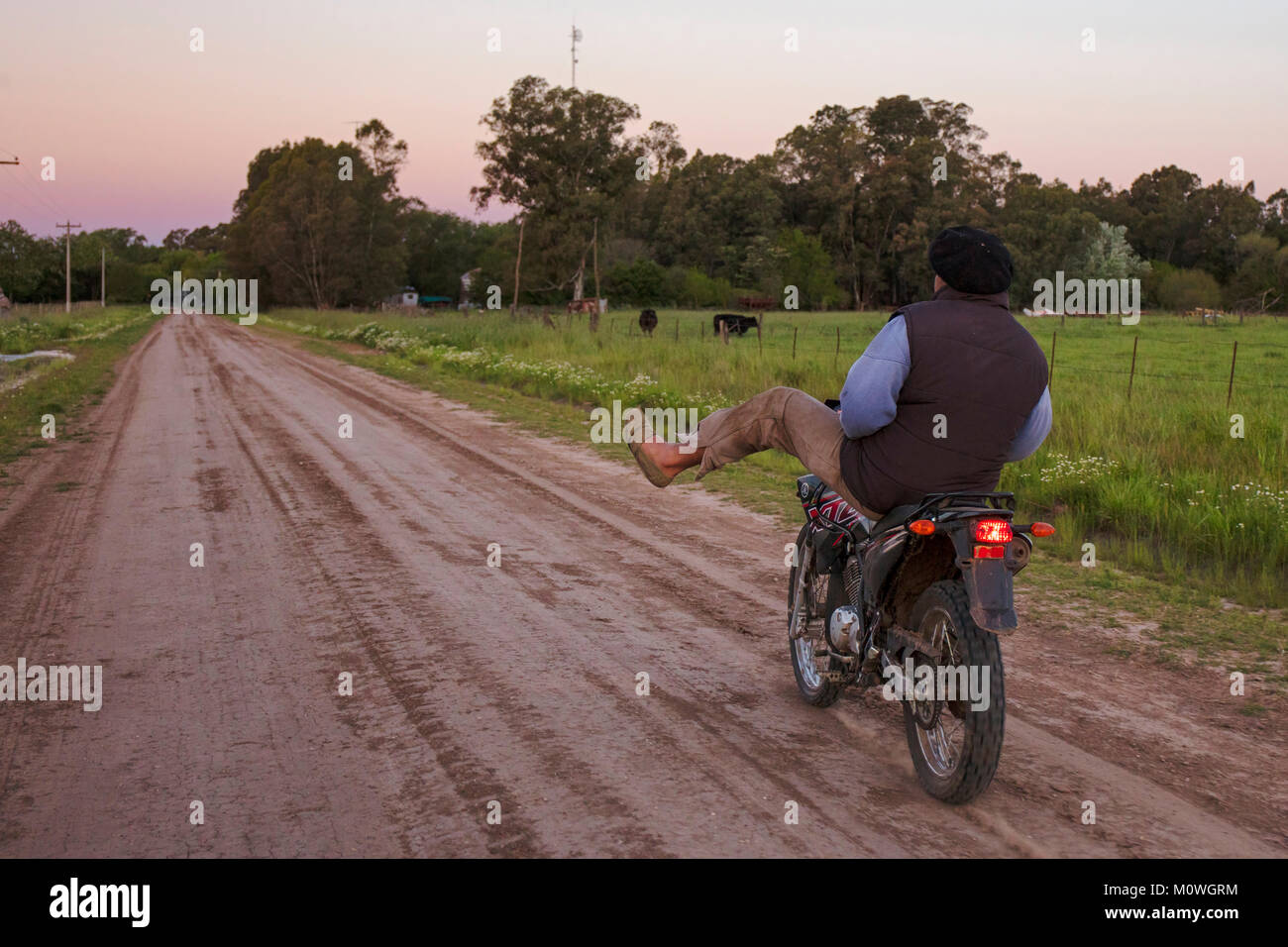 Ein Gaucho reitet ein Motorrad auf einem Feldweg in der argentinischen Pampa. Pardo, Argentinien. Stockfoto