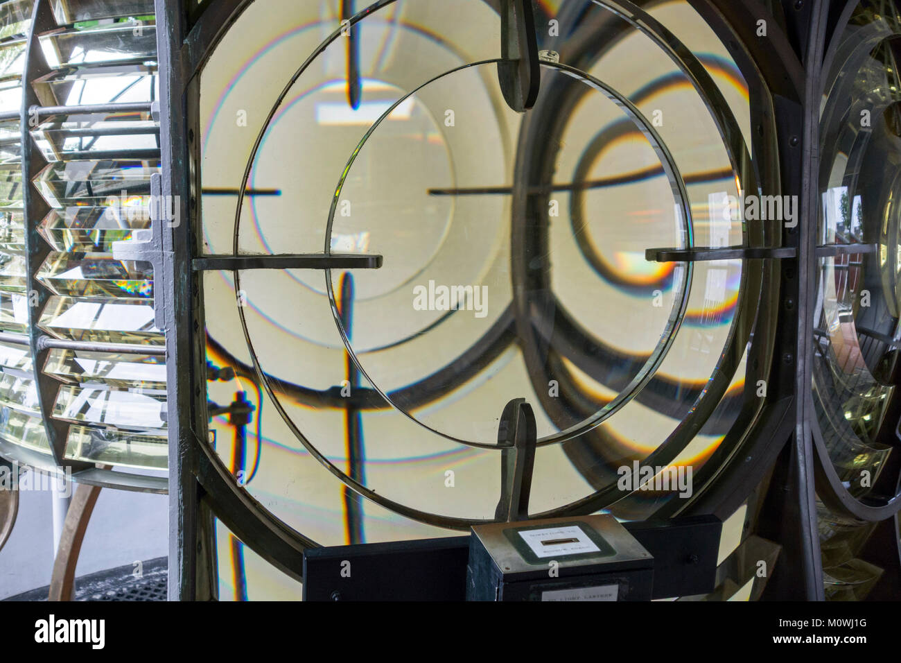 Nahaufnahme von Fresnel Linse im Leuchtturm Laterne Stockfoto