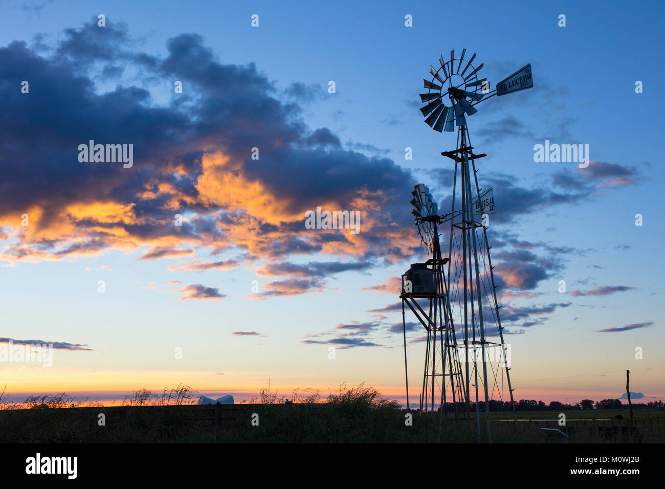 Zwei australische Windmühlen in der argentinischen Pampas in der Dämmerung. Pardo, Argentinien. Stockfoto