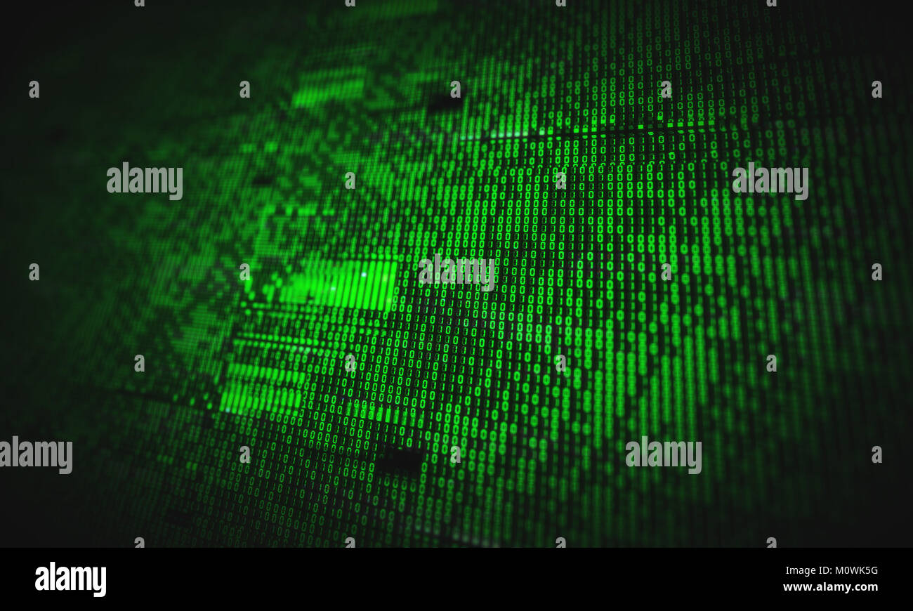 Beschädigter Computer Datenverlust abstrakt Hintergrund mit glitch Effekte über binären Code. Es Industrie, Sicherheit und Netzwerke Konzept mit se Stockfoto