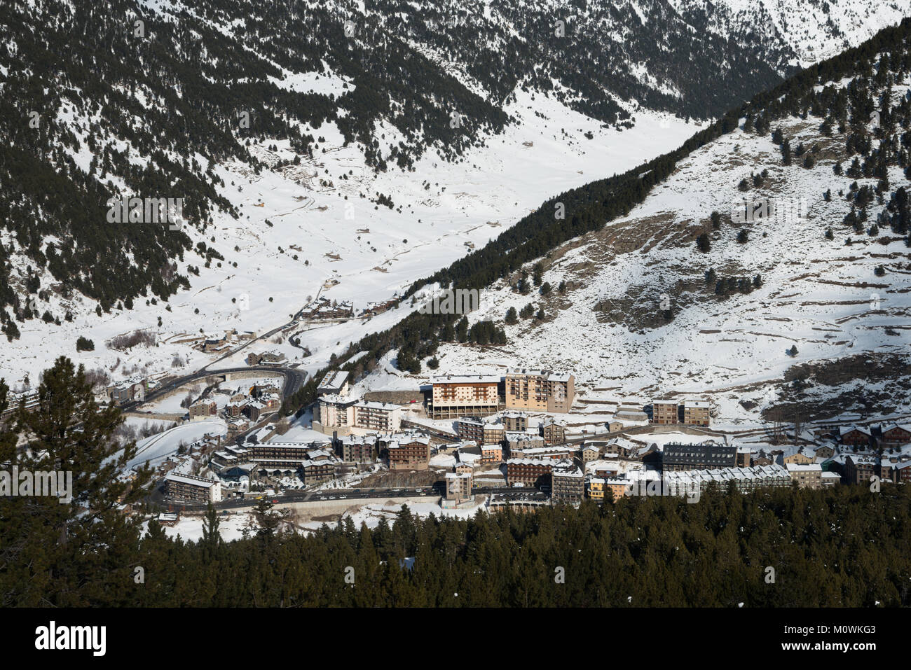 Soldeu Gesehen von oben, Grandvalaria Skigebiet, Andorra, Europa Stockfoto