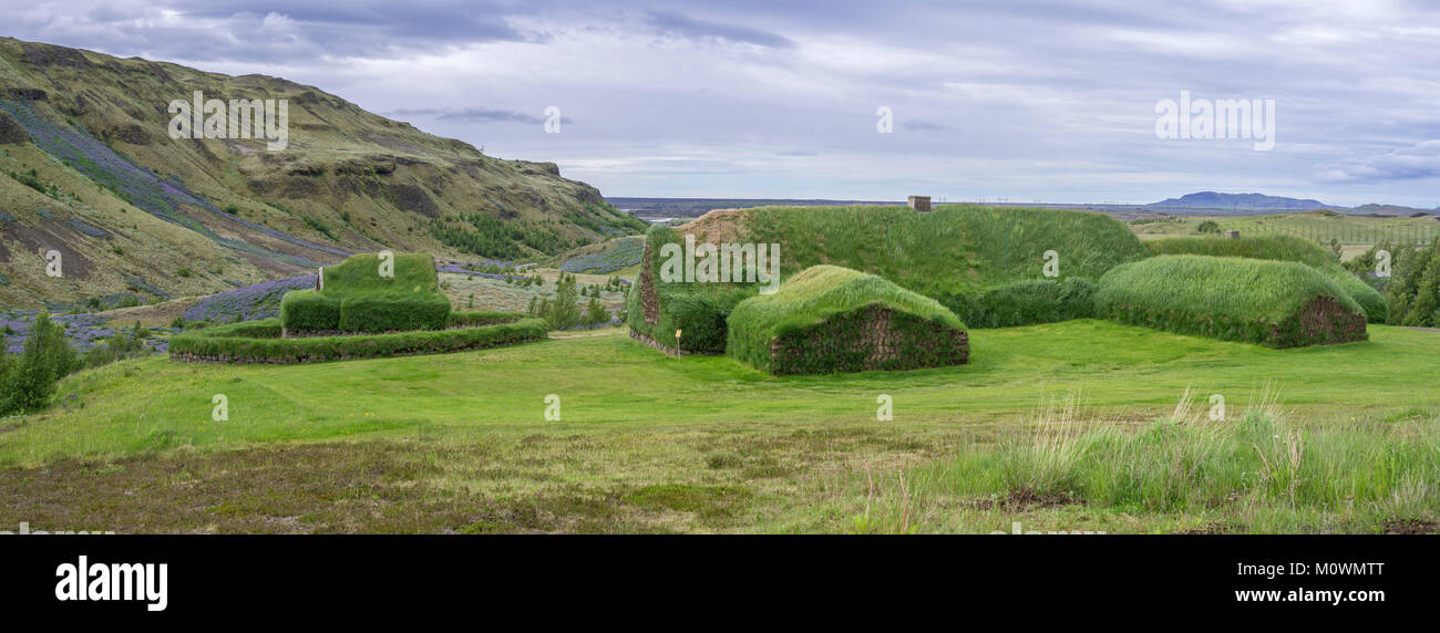 Þjóðveldisbaer, Replik der isländischen Torfhaus Stöng, Rangárvallahreppur, Iceland Stockfoto