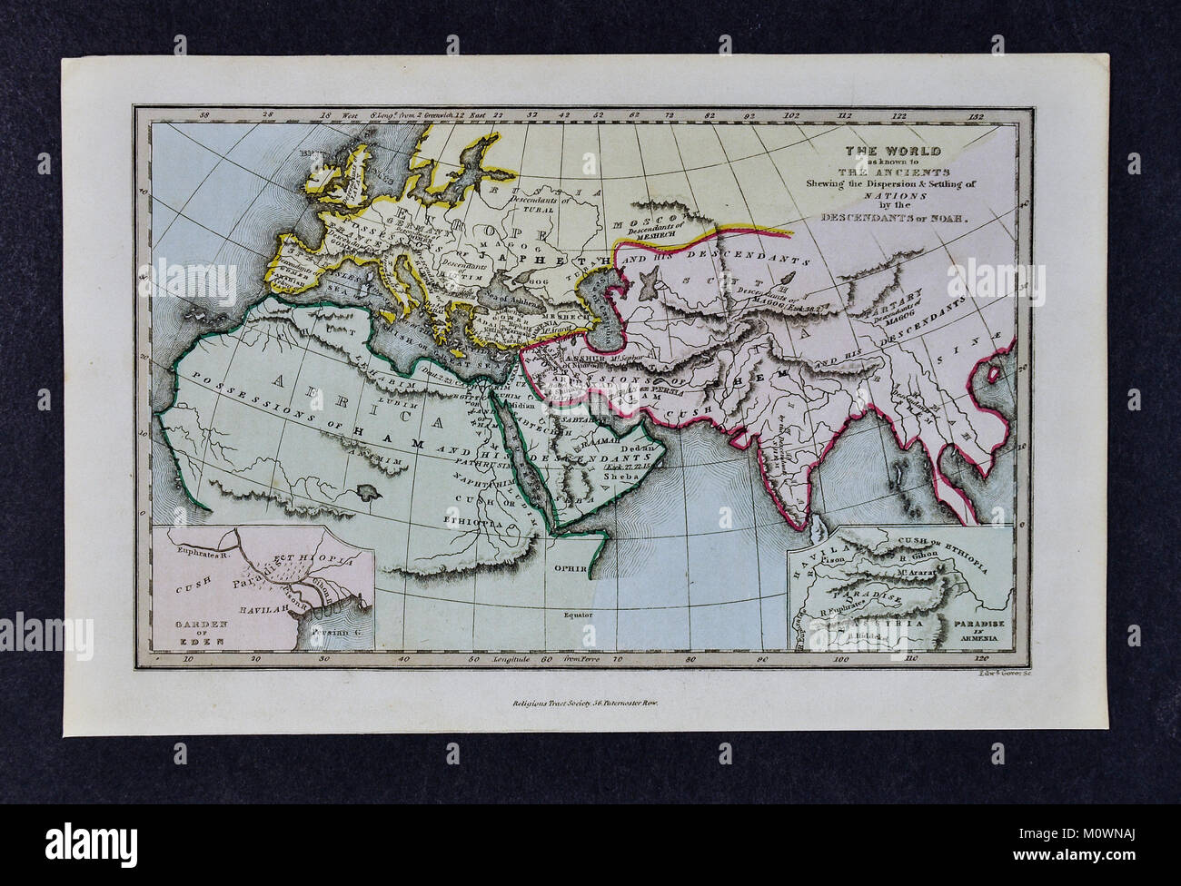1799 Bibel Traktatgesellschaft Karte - die Welt, wie in der Antike, in dem die Ausbreitung und Ansiedlung von Nationen durch die Nachkommen Noahs bekannt Stockfoto