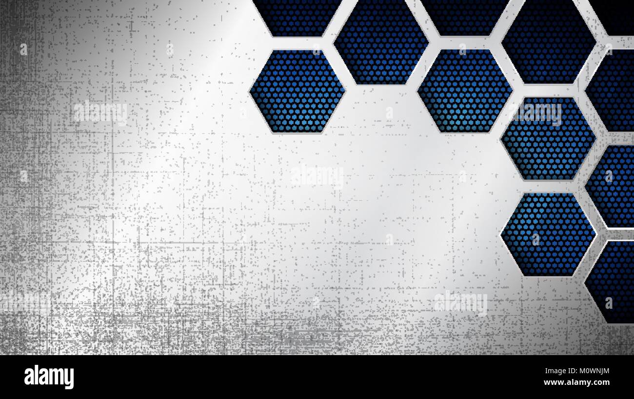 Vector Illustration der abstrakten Edelstahl Blech mit grunge Overlay metallische Textur und hexagonalen Raster über Blau hellen Hintergrund Stock Vektor