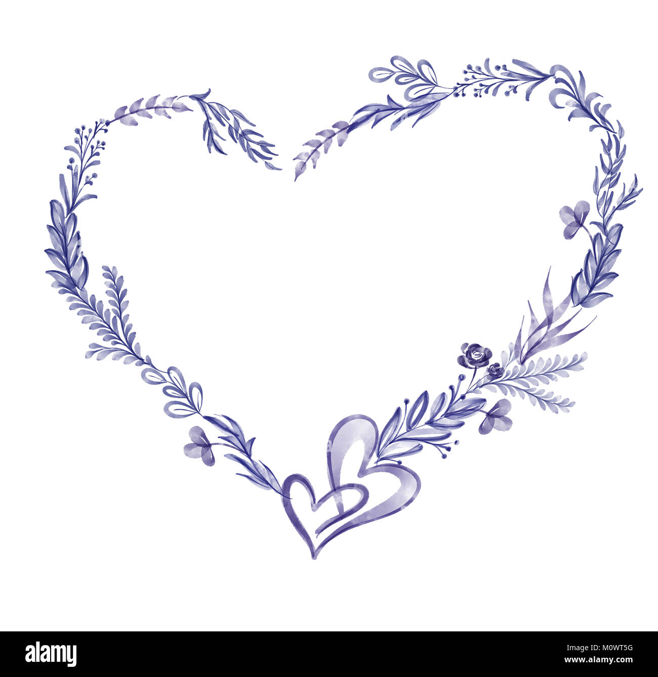 Uv-Aquarell Blumenkranz Blatt Sommer. Auf weissem Hintergrund für Grußkarten für die Hochzeit isoliert, Valentinstag Stockfoto
