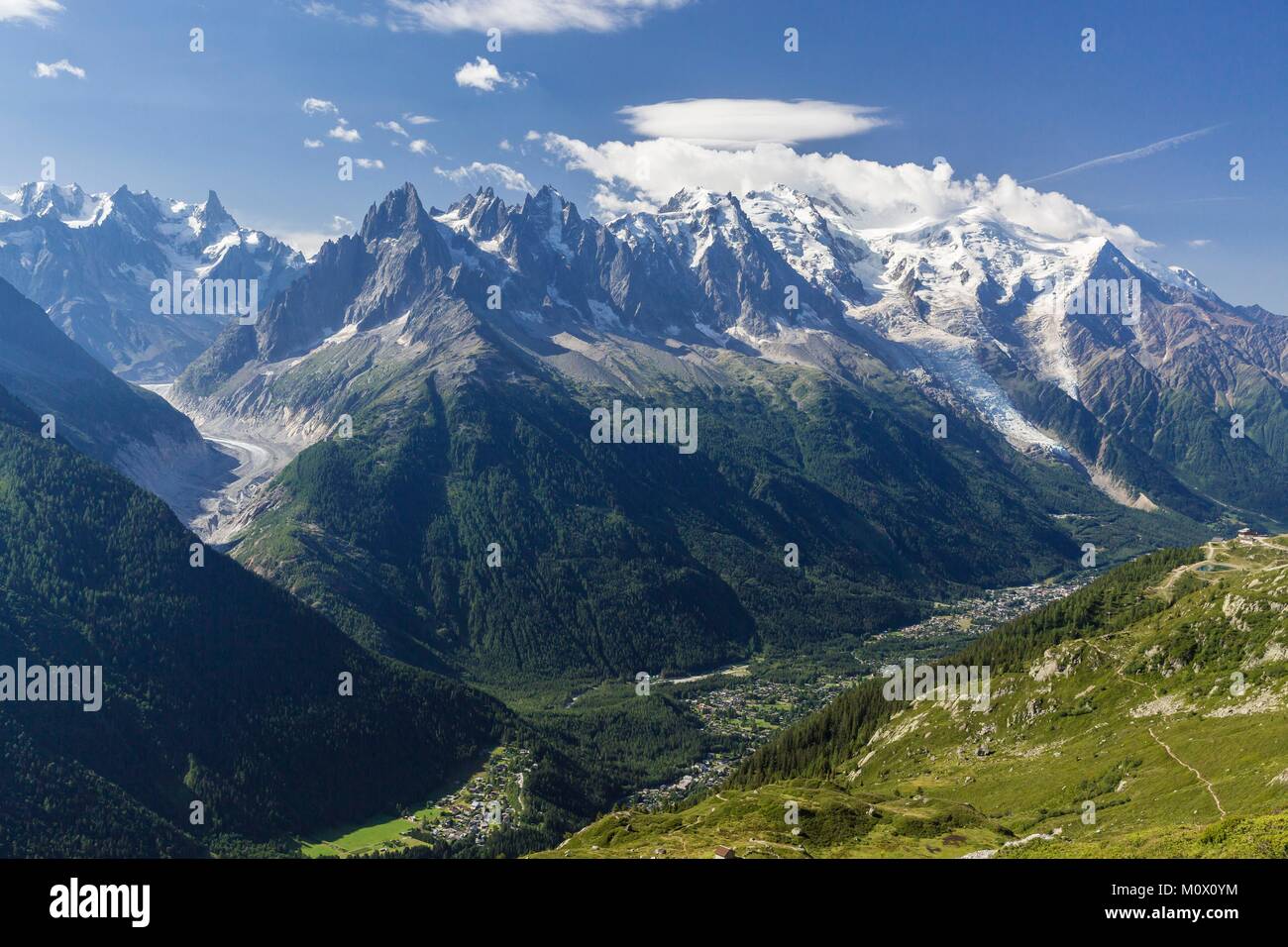 Frankreich, Haute Savoie, Chamonix, Mont Blanc aus der Col de Balme gesehen Stockfoto