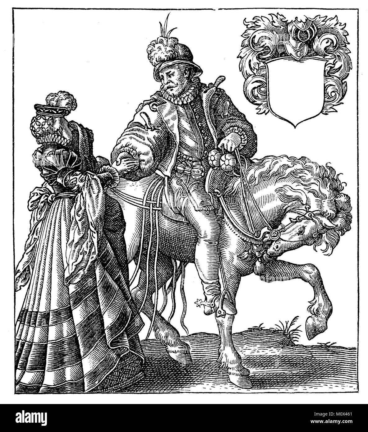 Soldat verabschiedet sich von seiner Frau, Bild um 1600, zur Zeit des Dreißigjährigen Krieges, digital verbesserte Datei eines ursprünglichen Drucken des 19. Stockfoto