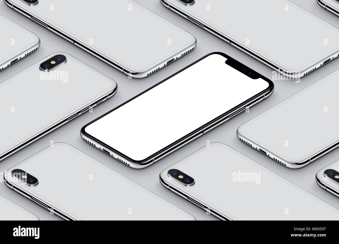 Ähnlich wie das iPhone X perspektivische Ansicht Isometrische smartphones mockup Muster. Neue rahmenlose smartphone Rückseite und Vorderseite mockup. Stockfoto