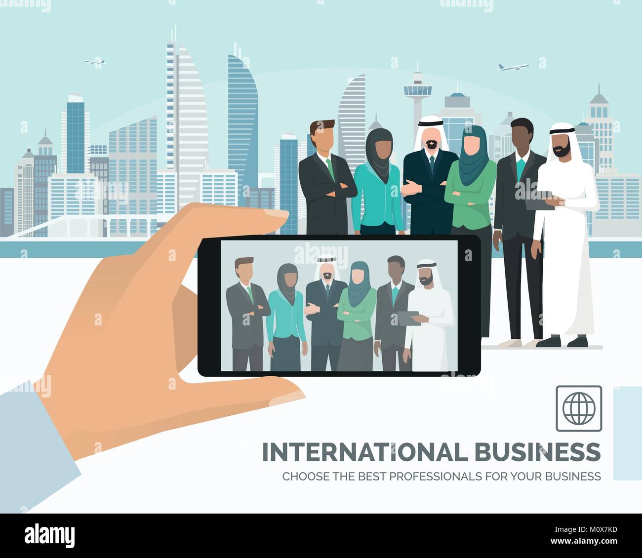 Arabisch-muslimische Geschäftsleute treffen und die Skyline der Stadt im Hintergrund, ein Mann ist, ein Foto mit einem Smartphone Stock Vektor