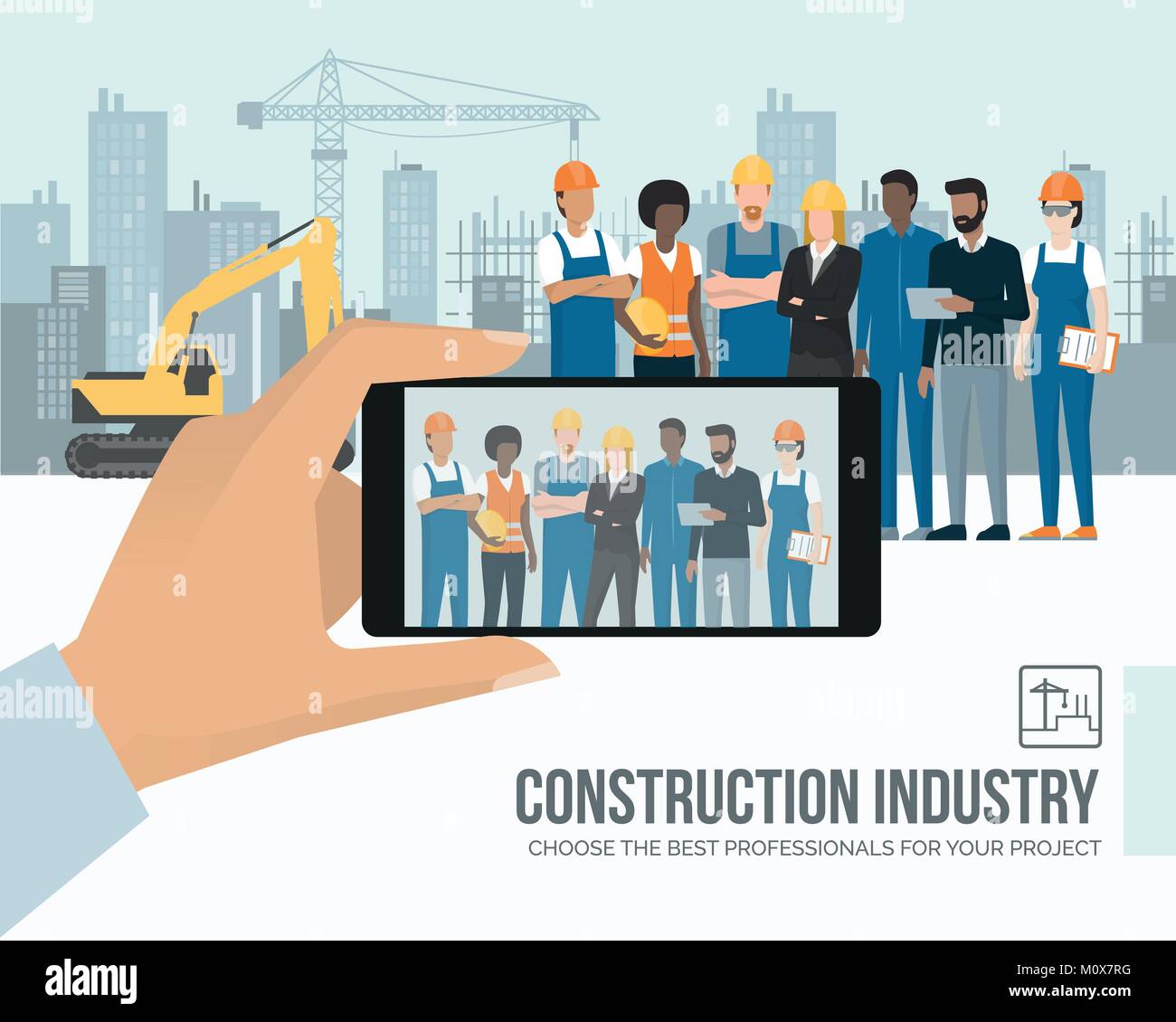 Professionelle Bauarbeiter und Ingenieure gemeinsam auf der Bau vor Ort posiert, ein Mann ist, ein Foto mit einem Smartphone, einem subjektiven Stock Vektor