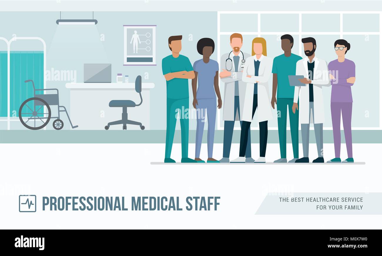 Das medizinische Personal gemeinsam im Büro am Krankenhaus: Ärzte, Krankenschwestern und Ärzte Stock Vektor