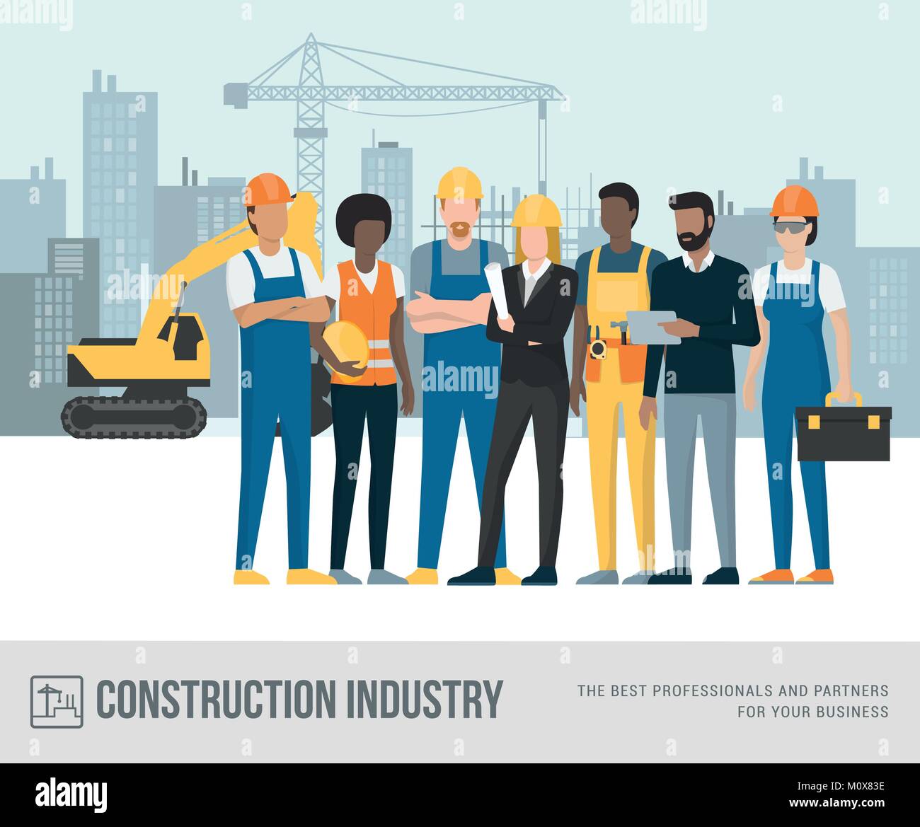 Bauarbeiter und Ingenieure zusammen an der Baustelle, Maschinen und Kran auf dem Hintergrund posiert Stock Vektor