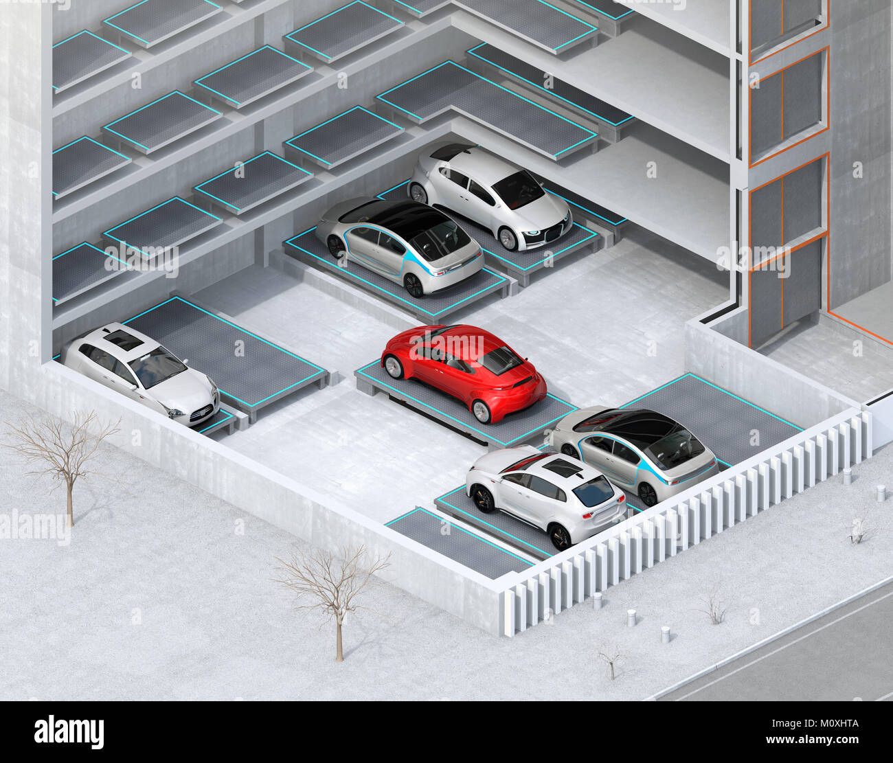 Isometrische cutaway Bild für automatische Auto Parking System per AGV (Automated Guided Vehicle). 3D-Bild. Stockfoto