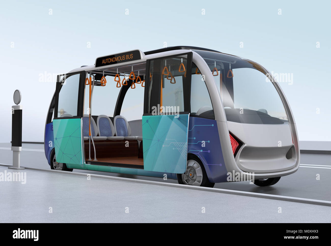 Selbstfahrer Shuttle Bus am Busbahnhof wartet. Der Busbahnhof mit Solarzellen für die Stromversorgung ausgestattet. 3D-Bild. Stockfoto