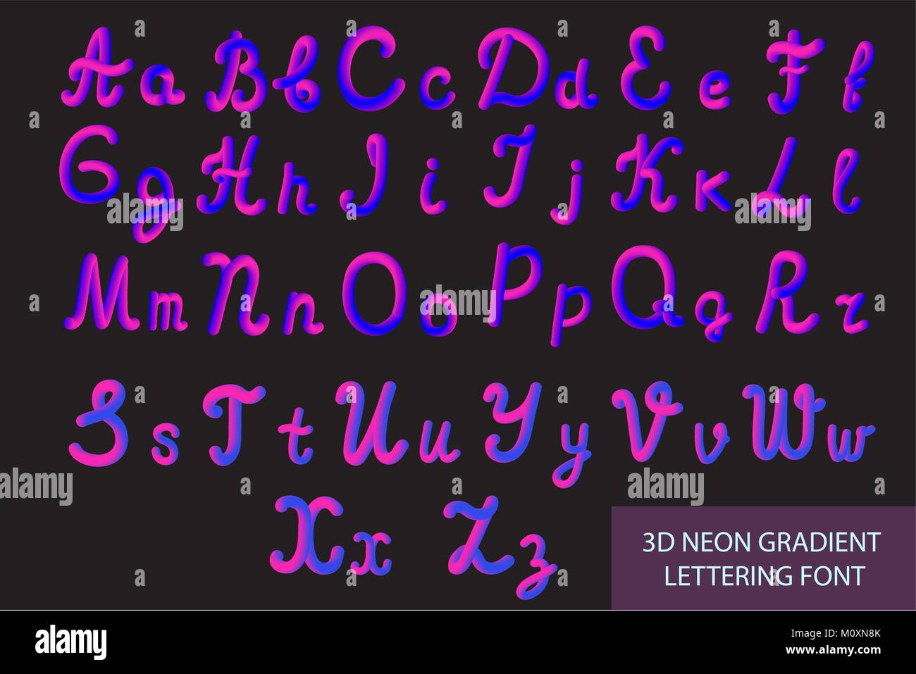 Neon 3D-Schriftsatz mit abgerundeten Formen. Rohr Hand-Drawn Schriftzug. Schriftart der gemalten Buchstaben. Nacht Leuchteffekt oder Flüssigkeit. Trendy Alphabet lateinischen Buchstaben von A bis Z. Vector Illustration. Stock Vektor