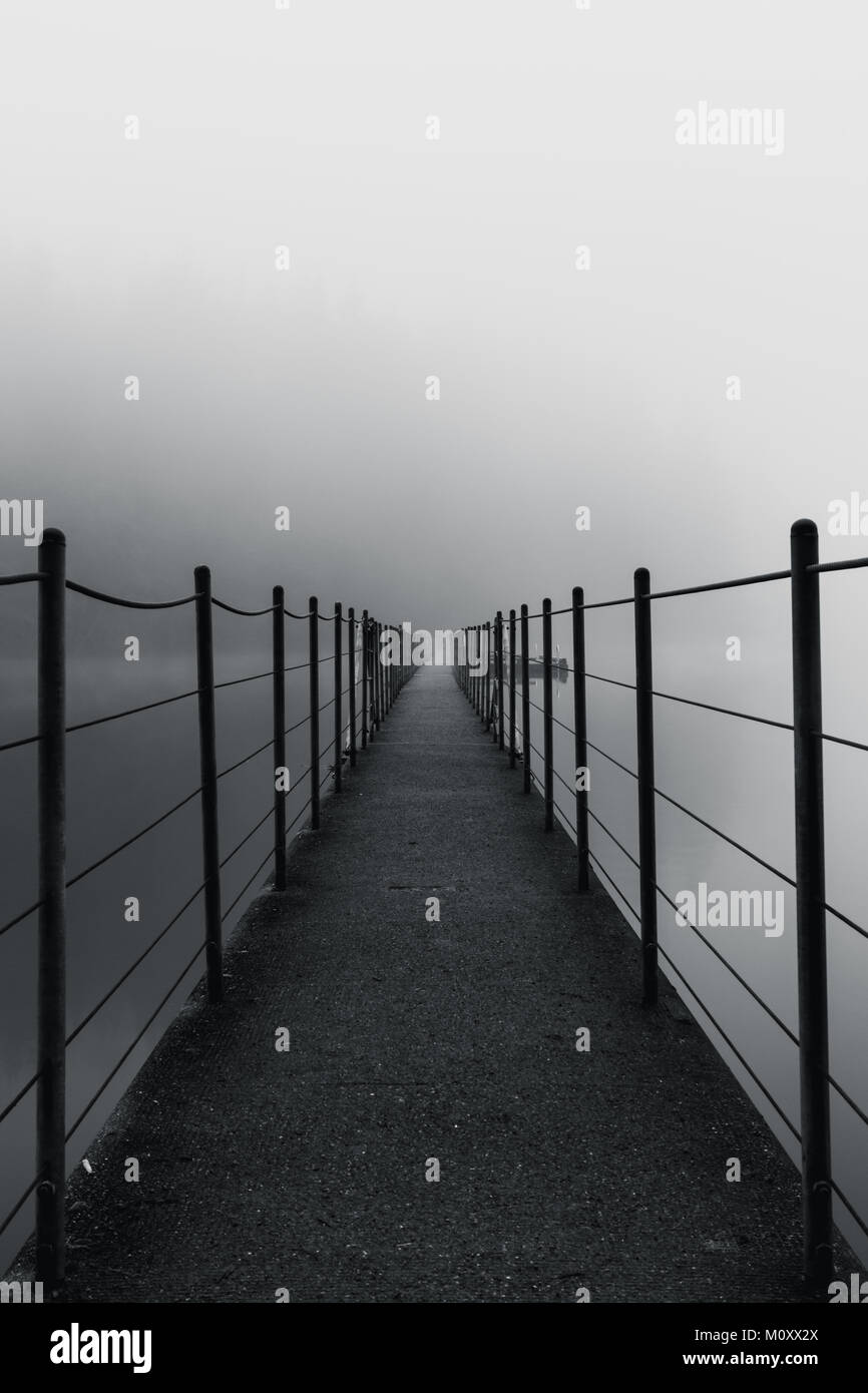 Schwarz-weiß Foto von Brücke an Sasamat Lake Trail, Port Moody, Vancouver, British Columbia, Kanada an einem nebligen Tag mit geheimnisvollen Gefühlen zu Es Stockfoto