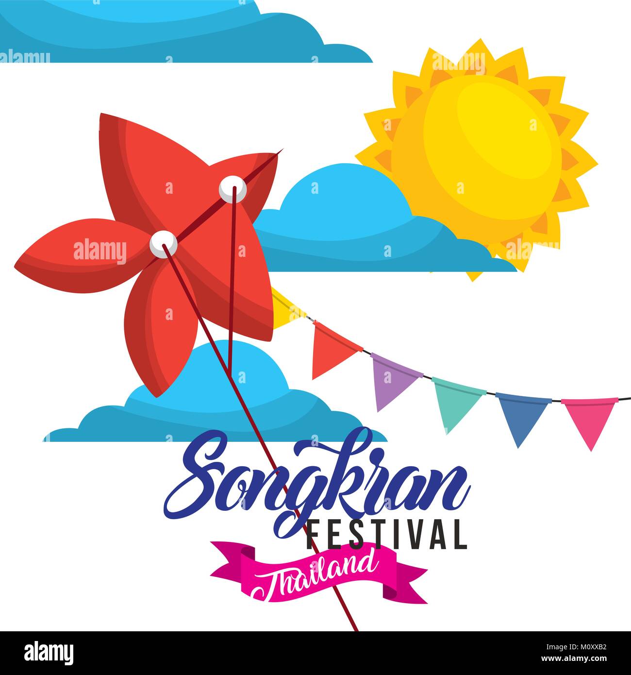 Songkran Festival Thailand Red Kite flying Girlande Sonne Tag Stock Vektor