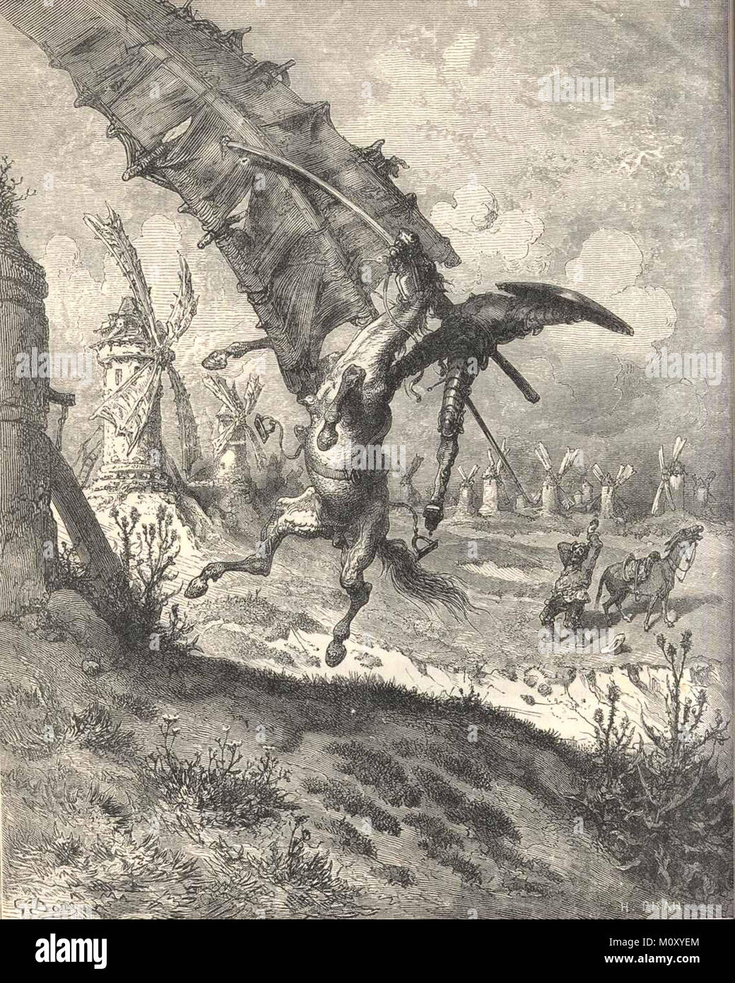 Don Quijote (Don Quichotte) Illustrationen von Gustave Doré, mit der Darstellung der berühmten Windmühle Szene. Stockfoto