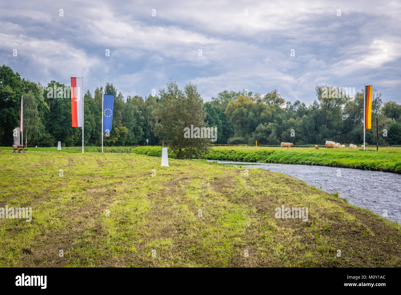 Dreiländereck mit Polen, der Tschechischen Republik und Deutschland Grenzen in der Nähe von Polsih Dorf Porajow, Tschechische Stadt Hrádek nad Nisou und deutschen Stadt Zittau Stockfoto