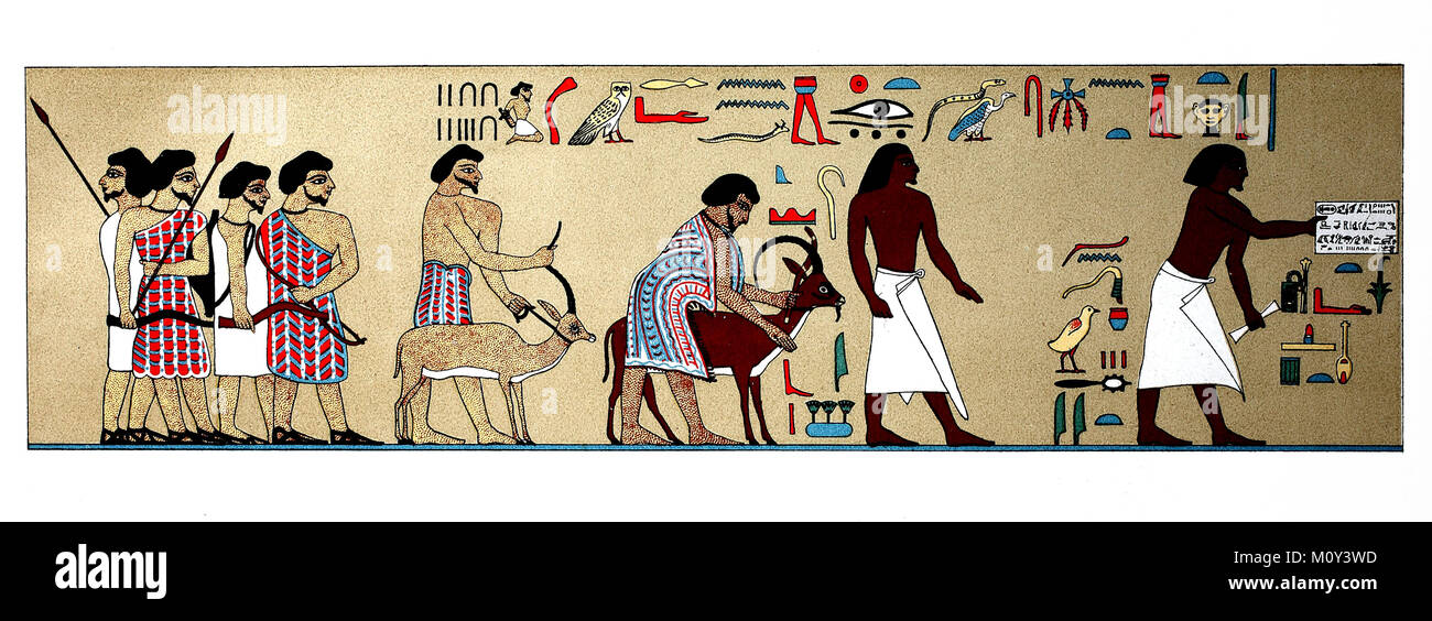 Wandmalereien im Grab des Nomarch Chnumhotep II, Ca. 1870 v. Chr., zwei Beamten ein Trupp mit bedeutenden Semitische Beduinen führen zu dem Prinzen, die Werbeartikel und Geschenke bringen, alte ägyptische, digital verbesserte Datei eines ursprünglichen Drucken des 19. Stockfoto