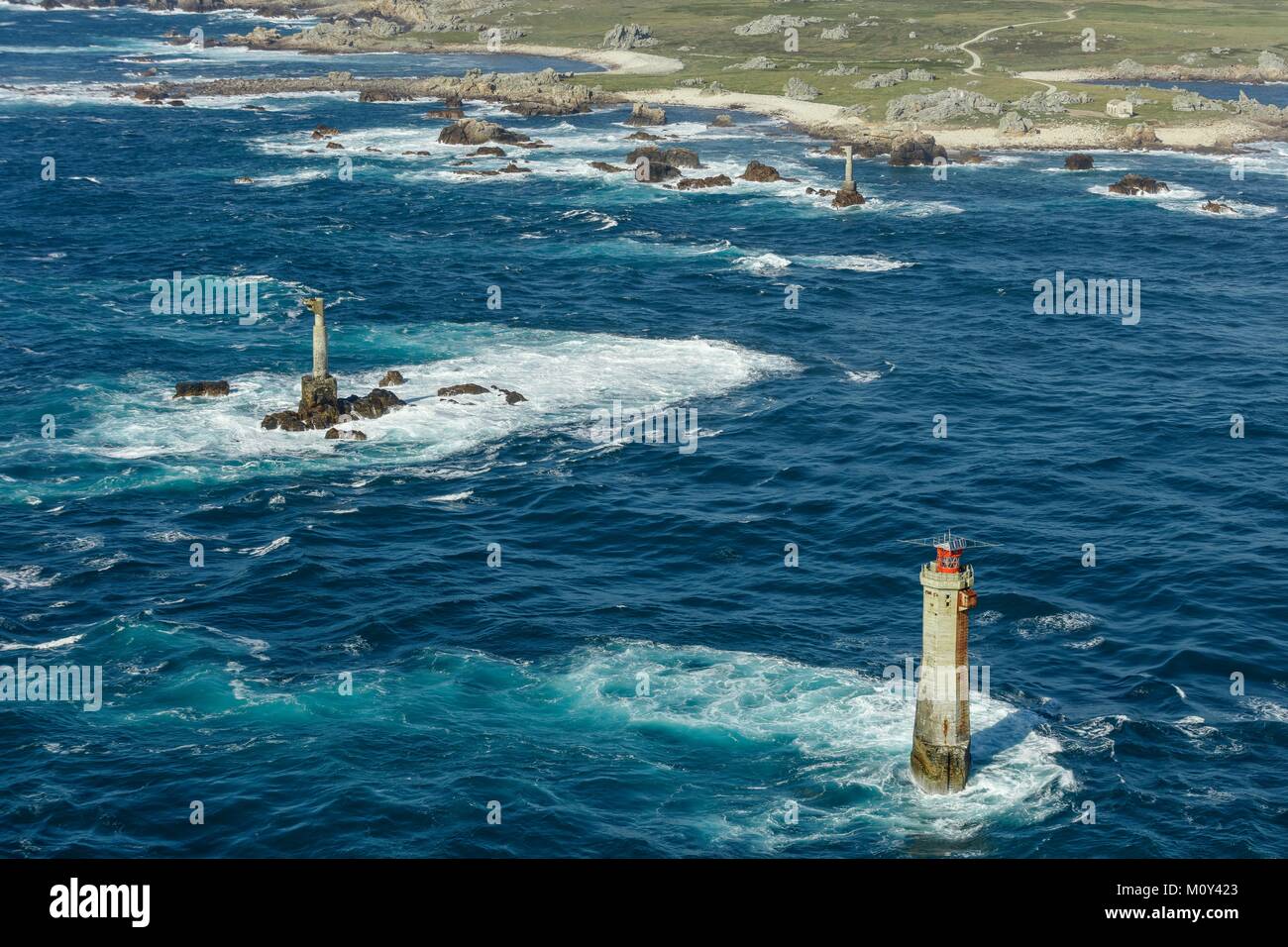 Frankreich, Finistere, Ouessant Insel, nividic Leuchtturm (Luftbild) Stockfoto