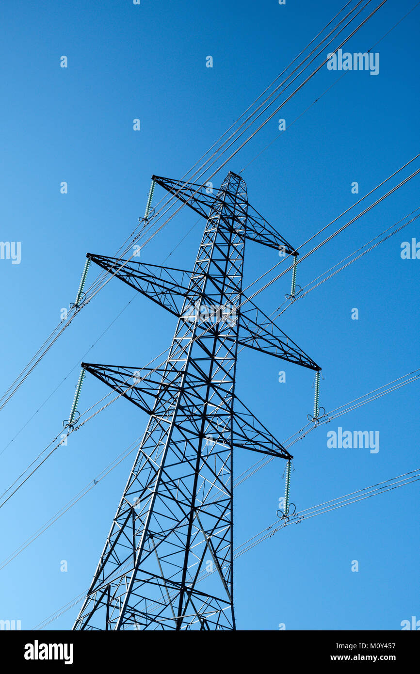 Strom Pylon (Getriebe-/Power Tower) in das nationale Stromnetz vom Kernkraftwerk Dungeness, Kent, England verteilen, Großbritannien Stockfoto