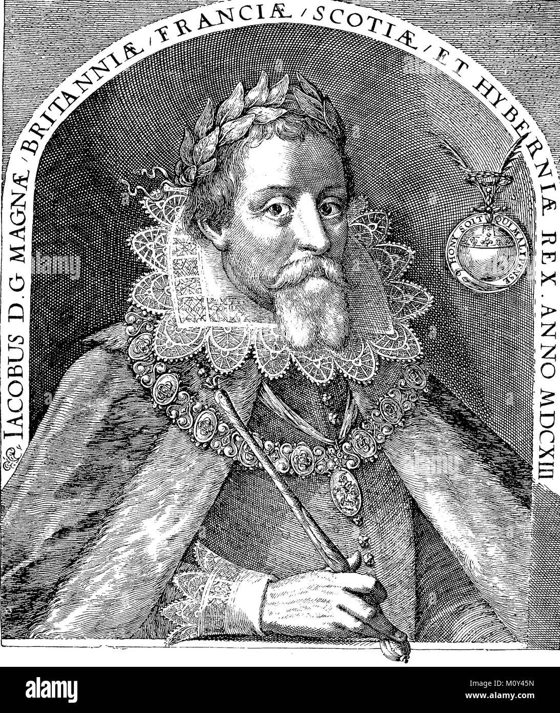James I, Juni 19, 1566 - März 27, 1625 Grafschaft Hertfordshire, England, war ab 1567 als James VI. König von Schottland und von 1603 bis zu seinem Tod darüber hinaus als James I König von England und der König von Irland, digital verbesserte Datei eines ursprünglichen Drucken des 19. Stockfoto