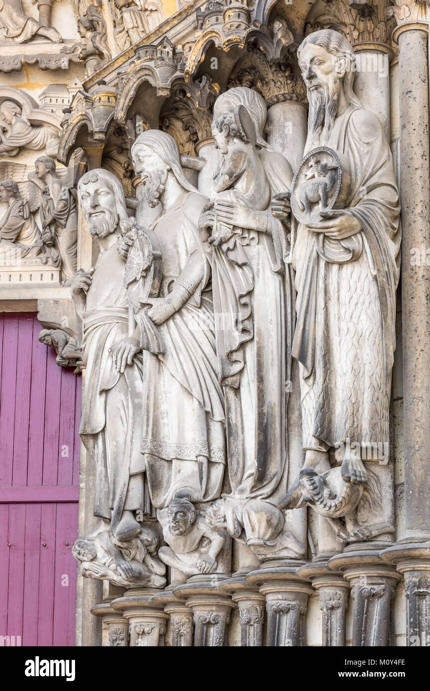 Frankreich, Aisne, Laon, der Oberen Stadt, Kathedrale Notre-Dame de Laon, gotische Architektur, Tor der westlichen Fassade Stockfoto